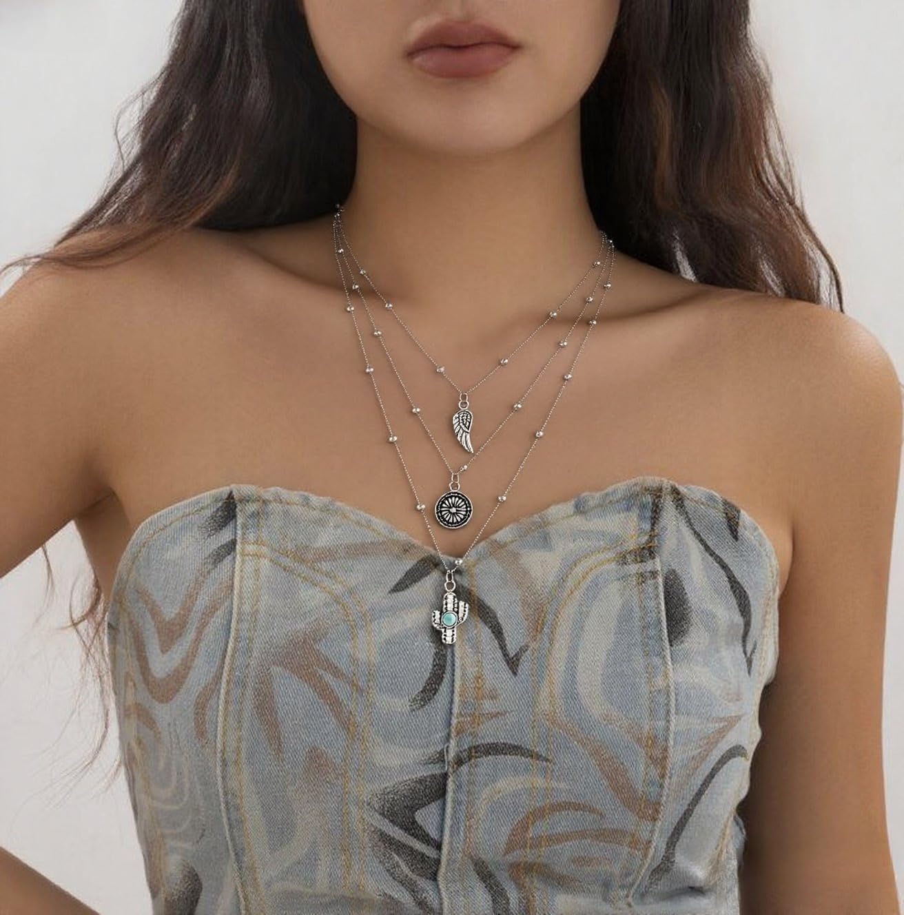 INENIMARTJ Western Necklace for Women Boho Layered Turquoise Necklaces Vintage Cowgirl Cowboy Rodeo Country Concert Cow Tag Pendant Necklace Western Jewelry Outfits Accessories - Image 3