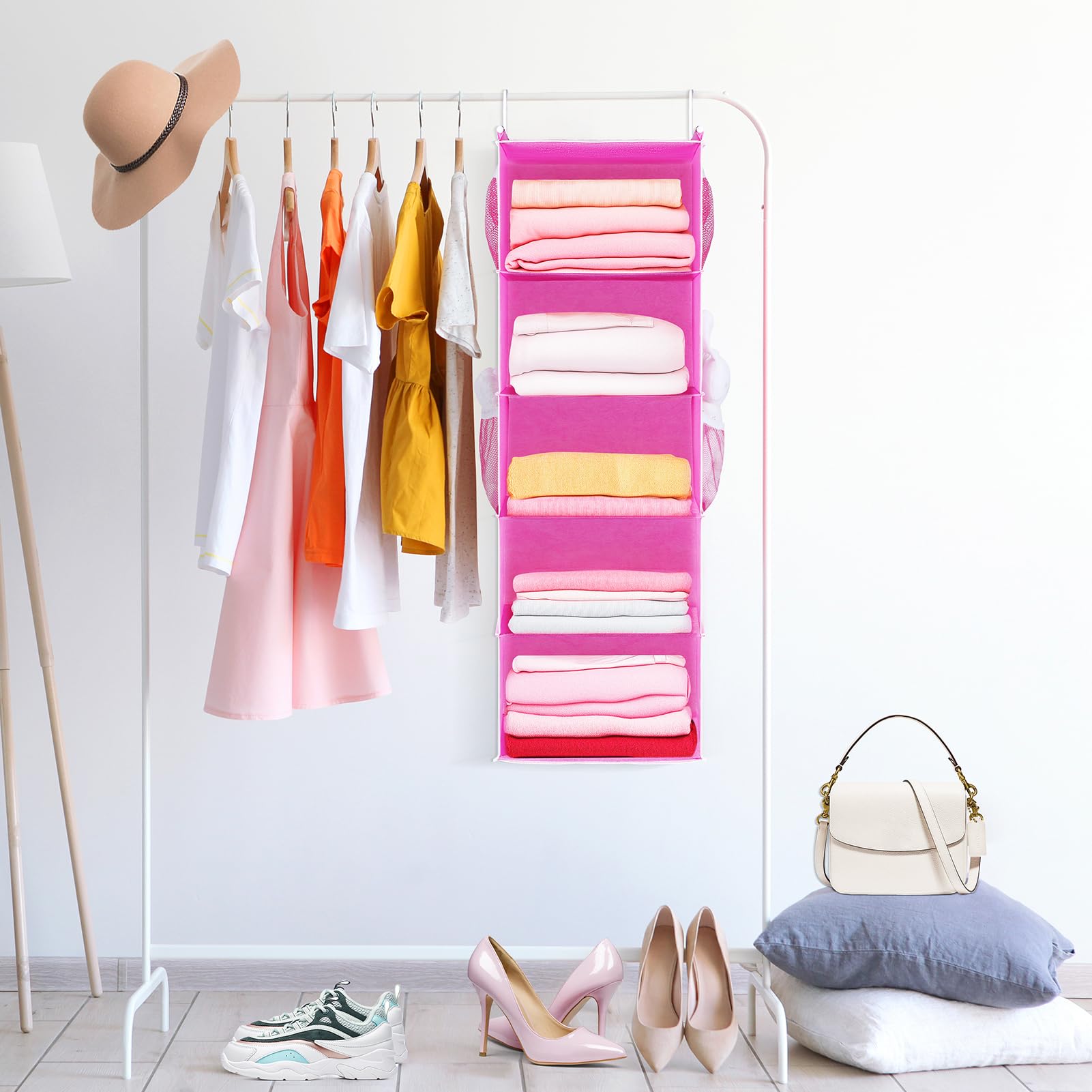 MAX Houser Organizador de armario colgante de 5 estantes, estantes de almacenamiento colgantes con 4 bolsillos laterales, ahorro de espacio para dormitorio, plegable (rosa)