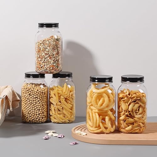 Miniatura 7 de Party Club of America Paquete de 12 tarros de plástico negro de 32 onzas con tapas de rosca, contenedor de almacenamiento de alimentos para