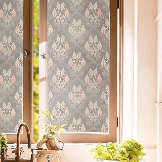 16"x118" Rococo Victorian Pink Grey Leaf Vintage Double Side Window Films Art Decorative Privacy Tinting Film Self-Adhesive Static Glass Window Clings Stickers for Living Room Bathroom Glass Decor