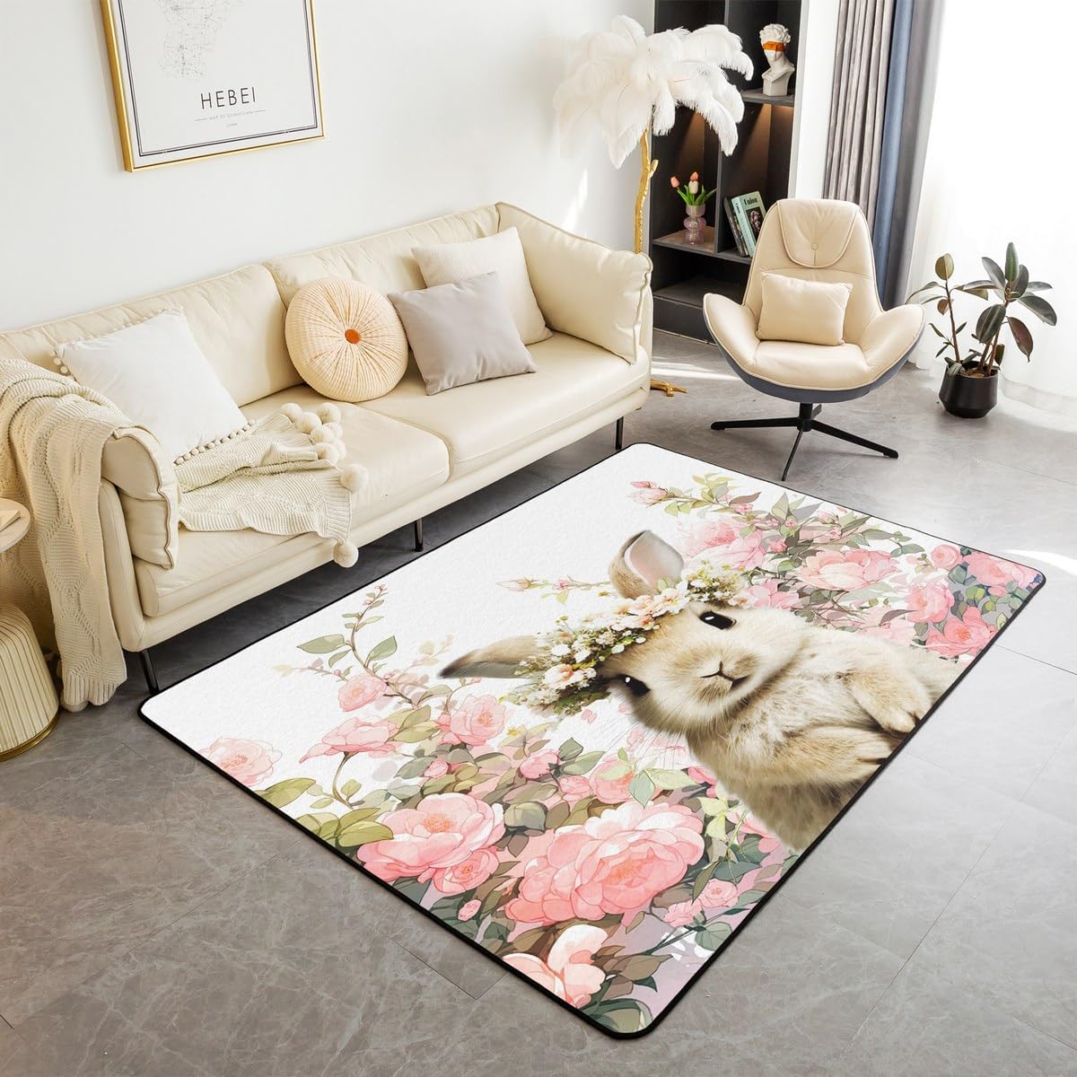 jejeloiu Cute Rabbit Area Rug 5x7 Kids Easter Theme Decorative Rug for Boys Girls Teens Farm Animal Living Room Rugs Botanical Floral Printed Indoor Floor Mat Room Decor Accent Rug