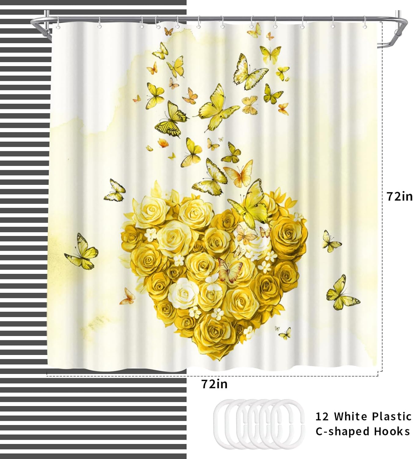 WELMECO Flower and Butterfly Shower Curtain, Romantic Heart Bathroom Decor Polyester Fabric 72x72inch Bath Curtain with Hooks (Yellow)