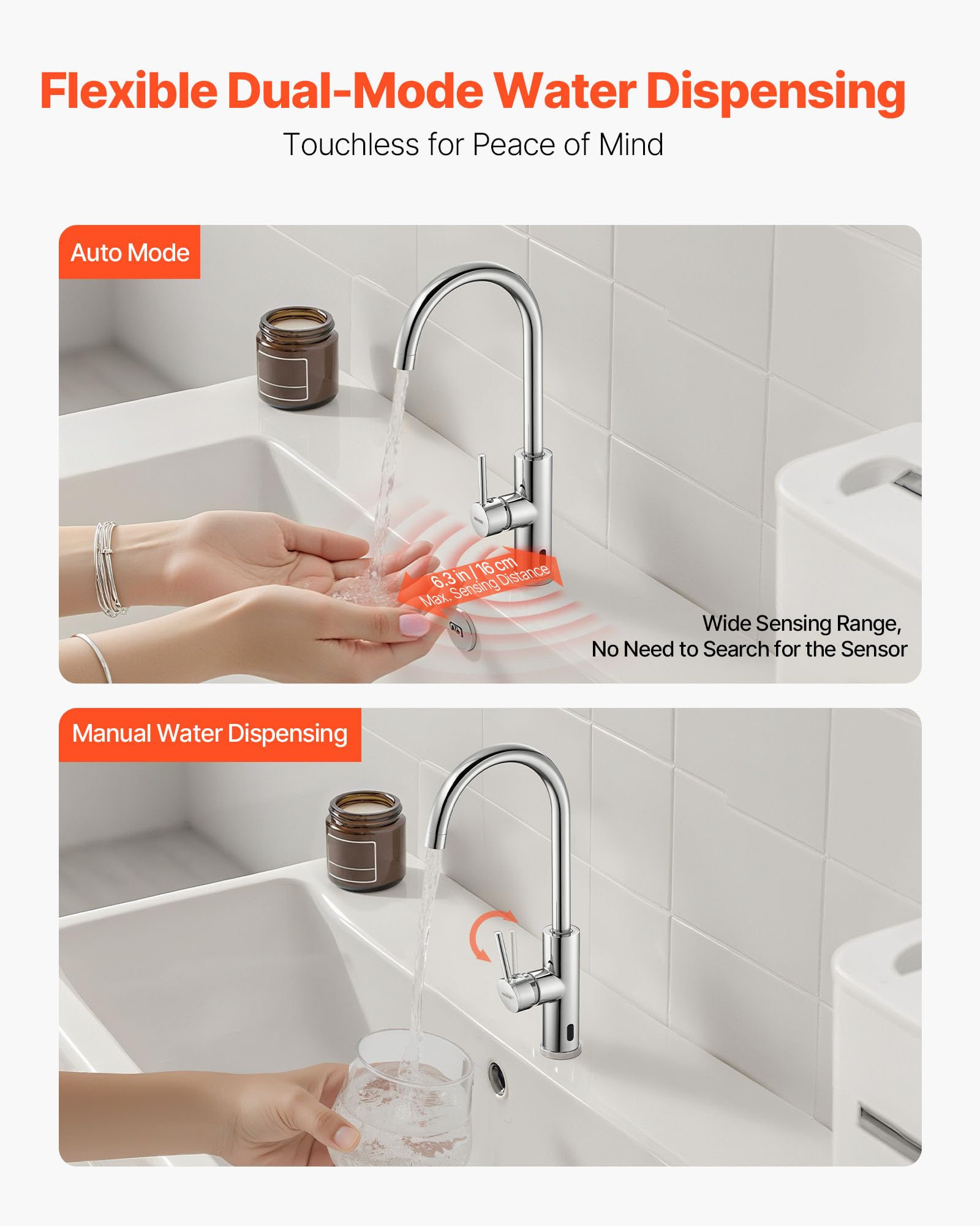 VEVOR Grifo de Lavabo sin Contacto para Baño, Grifo Automático Manual con Sensor para Lavabo e Inodoro, Cuello de Cisne, Cromado Plateado, Resistente a la Corrosión, 104 x 52 x 395 mm, 7,6 L/min