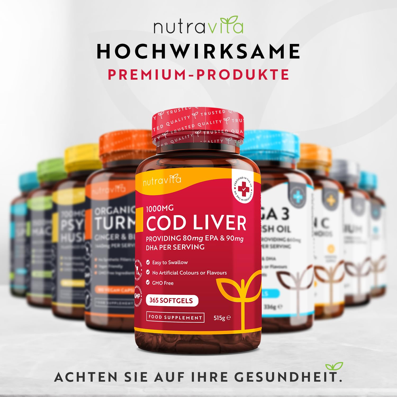 Lebertran Kapseln 1000mg - 365 Fischöl Kapseln - Hochwertiges Fish Oil - Hochdosiert Cod Liver Oil + Omega 3, Vitaminen A, D & E - Unterstützt die Herz- und Gehirngesundheit - Nutravita