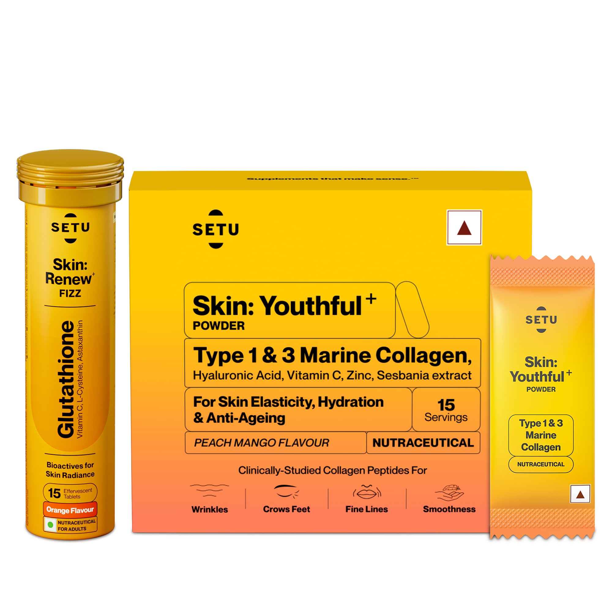 Setu Radiant Skin Combo | Glutathione Tablets to Reduce Hyperpigmentation (15 Tablets) & Marine Collagen Powder to Reduce Wrinkles (15 Sachets), Skin Supplements (Combo Pack)