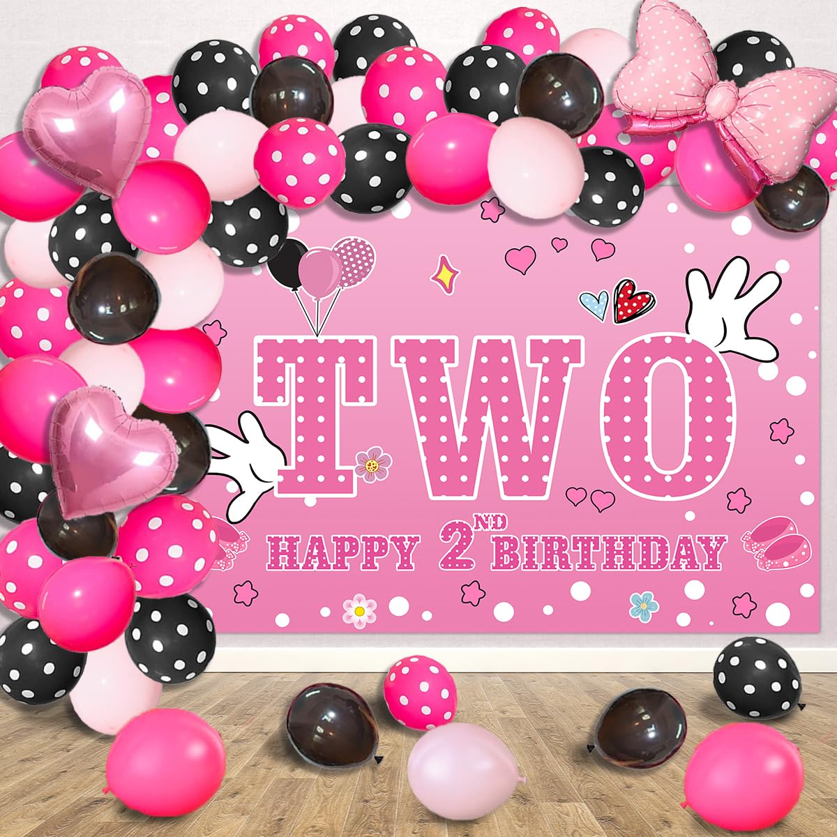 5x3FT Pink Mouse 2nd Birthday Backdrop Balloons Decorations 53Pcs Pink Black Balloon Garland Arch Kit, Rose Red Bow Foil Balloons for Girls Mouse Baby