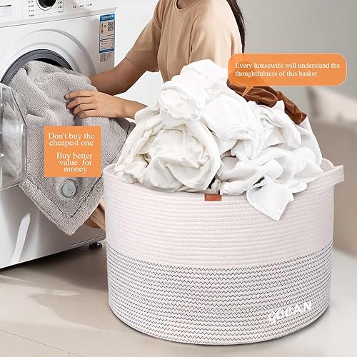 Miniatura 4 de Cesta de lavandería extragrande de 22 x 22 x 14 pulgadas, cesta tejida de cuerda de algodón XXXL para mantas, cesta de almacenamiento con asas para