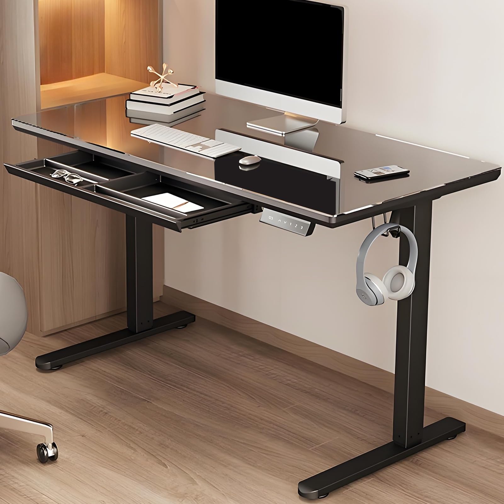 MYUYEE Standing Desk Adjustable Height, Stand Up Desk With Drawer, Tempered Glass Top, Modern Sit Stand Desk, Office Desk With Headphone Hook And Cable Basket (Black-120X60Cm)