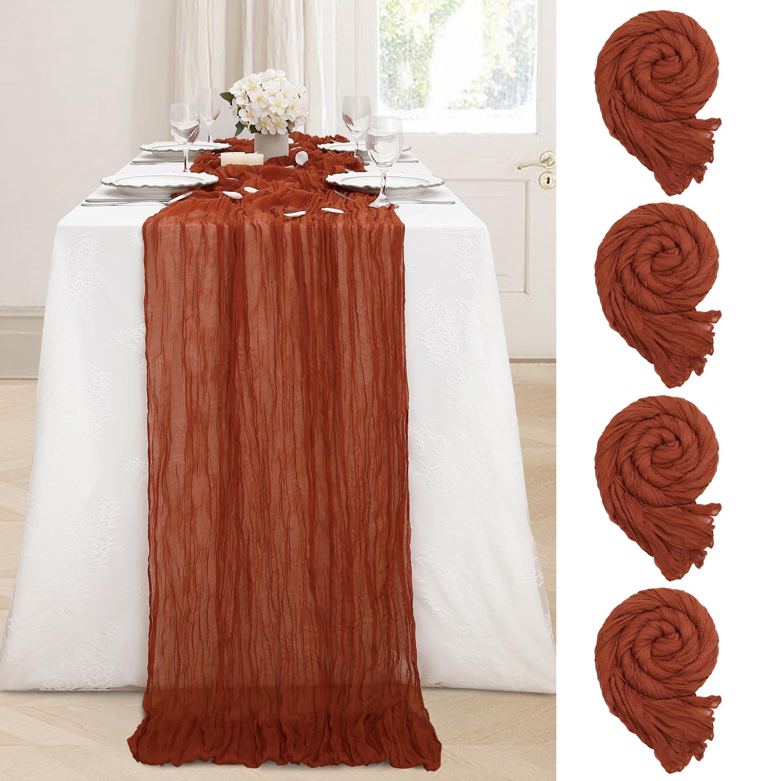 Fall Table Runner 4 Packs 35x120 Inches Cheesecloth Table Runner Rust Gauze Table Runner Bulk for Harvest Thanksgiving Party Table Decorations