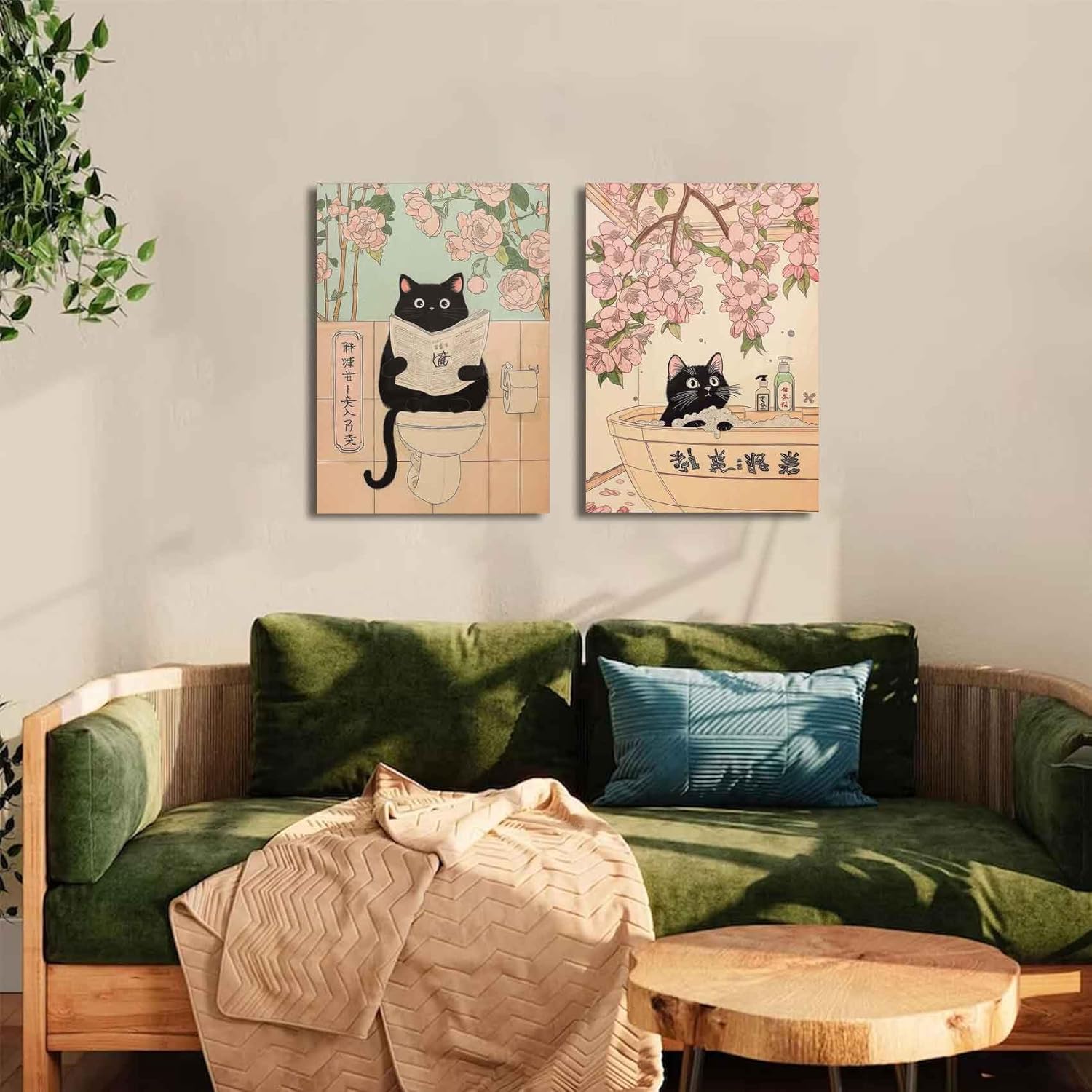 2Pcs Japanese Bathroom Canvas Wall Art Funny Black Cat Painting Pictures Wall Decor Animal Bathtub Poster Prints for Bathroom Toilet Home Decoration 12x16in