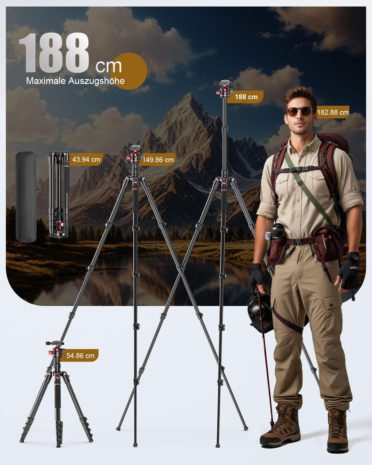 CAMBOFOTO 188cm Kamerastativ Aluminium Kugelkopf DSLR/SLR-Stativ Einbeinstativ Tragetasche 1,4 kg 6 kg Tragkraft