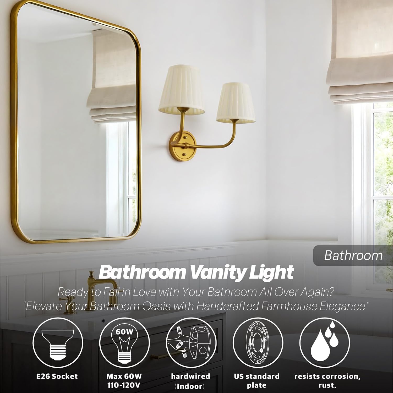 Vintage 2-Lights Wall Sconce Light Brass Gold Bathroom Vanity Light with Cream Fabric Shade Hardwire Double Wall Lamp Sconces for Bedroom Living Room Bathroom Kitchen Indoor E26