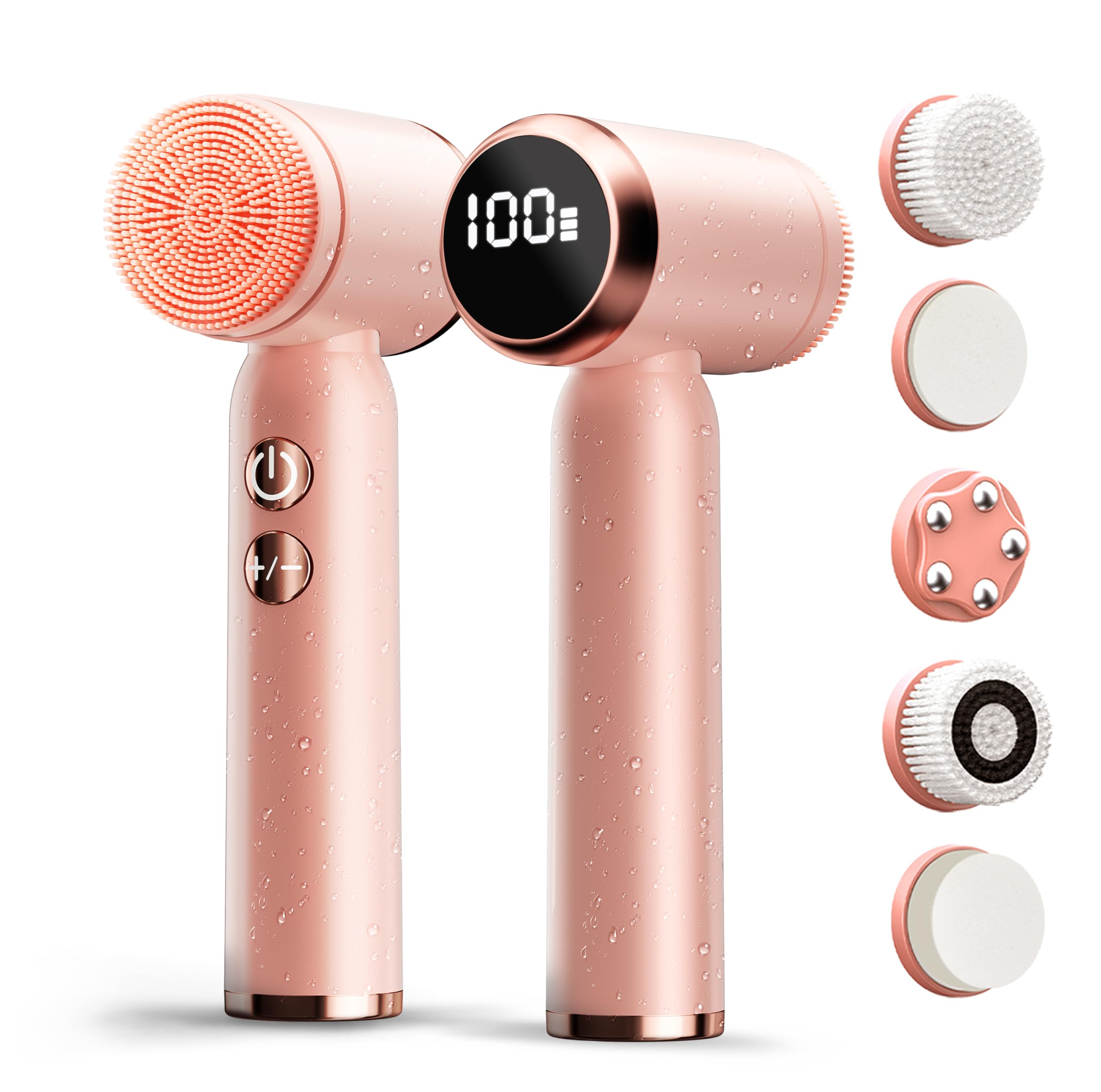 Jellystar Electric Face Scrubber with Led Display & Facial Cleansing Brush - 6-in-1 Exfoliating Kit, 3 Speeds, IPX6 Waterproof Face Brush for Deep Cleaning, Massage & Gentle Exfoliation-Pink