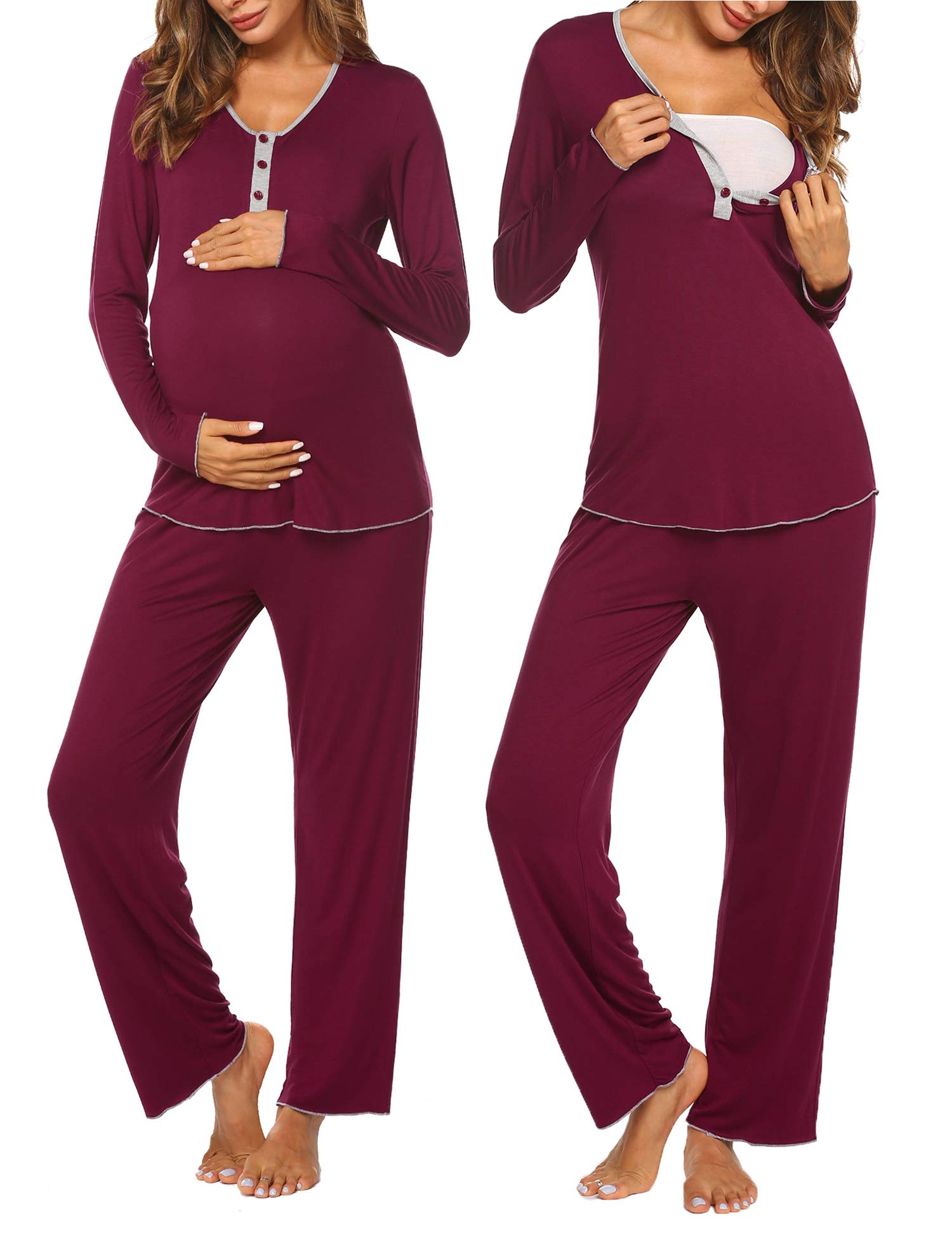 MAXMODAWomen's Maternity Nursing Pajama Set Breastfeeding Sleepwear Set Buttons Long Sleeve Top & Pants Pregnancy PJS