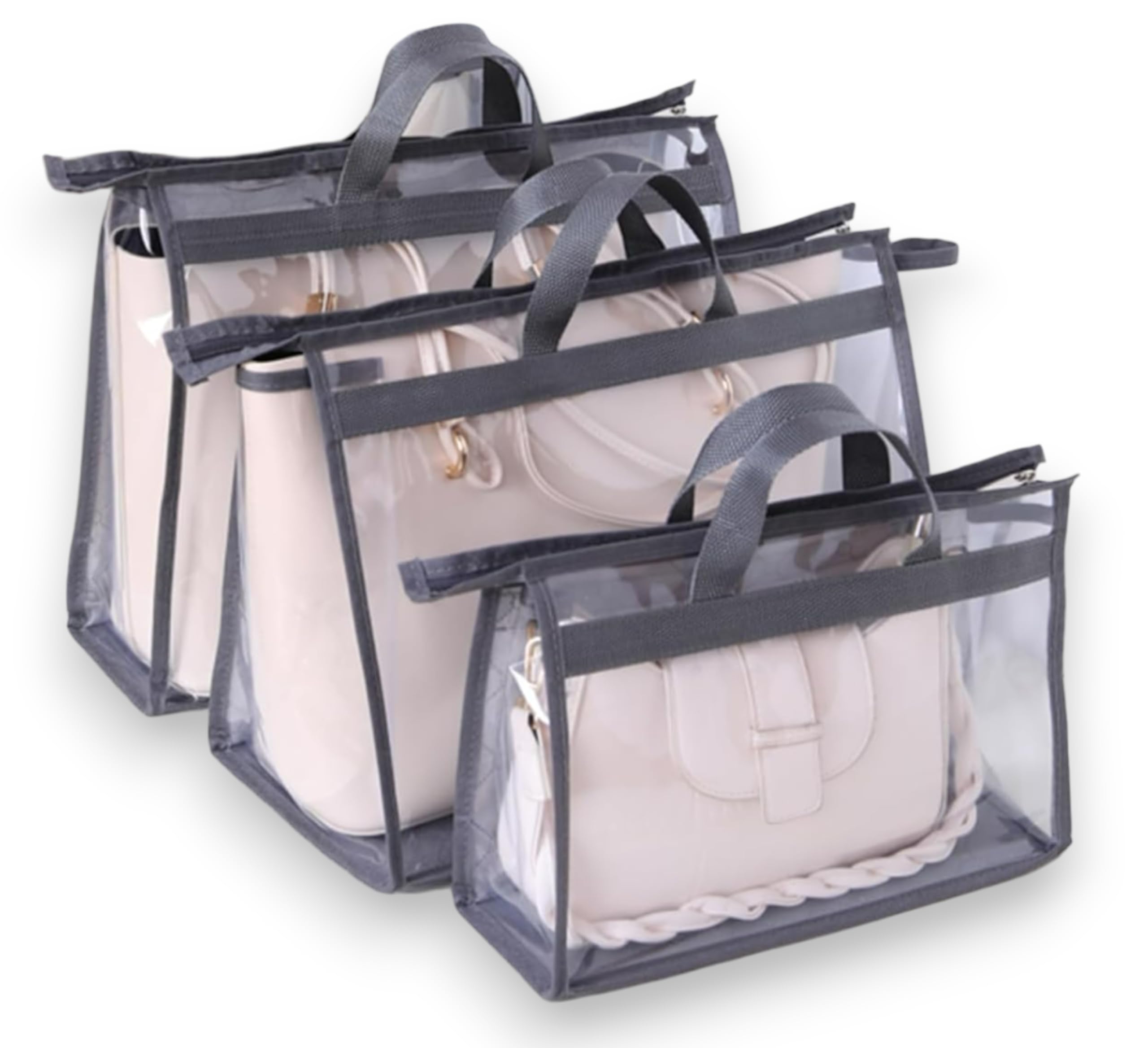 RAAHII Pvc 3 Piece Dust Proof Foldable Hanging Handbag Cover Storage Organizer For Ladies Handbags,Purse,Tote,Clutch Bag For Wardrobe/Closet Storage With Zipper(3 Piece 3 Size,Grey),34 Cm,12 Cm (B0D39LVXH3) Amazon Price History, Amazon Price Tracker