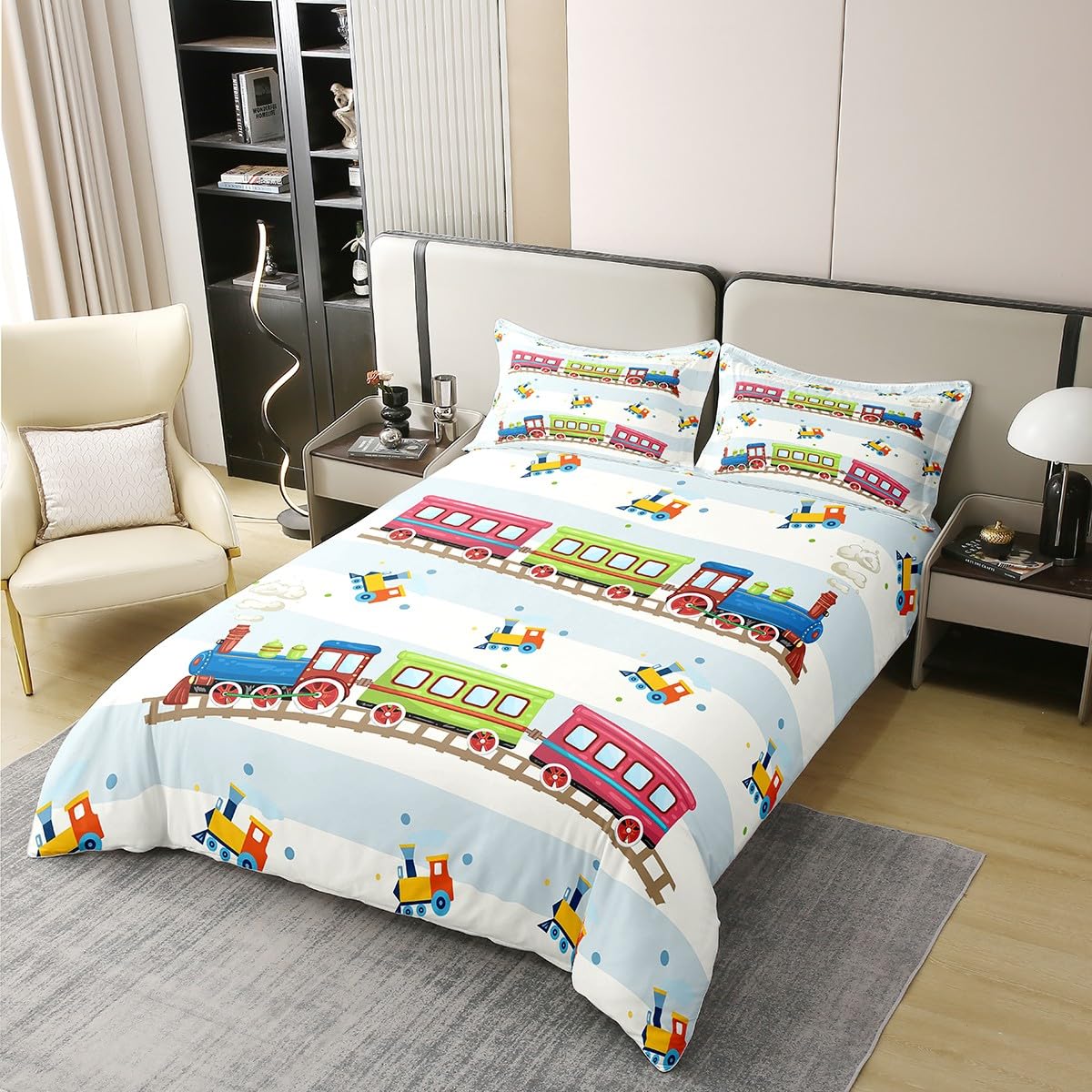 Loussiesd Zug 100% Baumwolle Bettwäsche Set 135x200cm Auto Vehies Drucken Bettbezug Set Nette Züge Betten Set für Kinder Bettwäsche Ultra Weich Raum Dekor Bettbezug Reißverschluss Verschluss