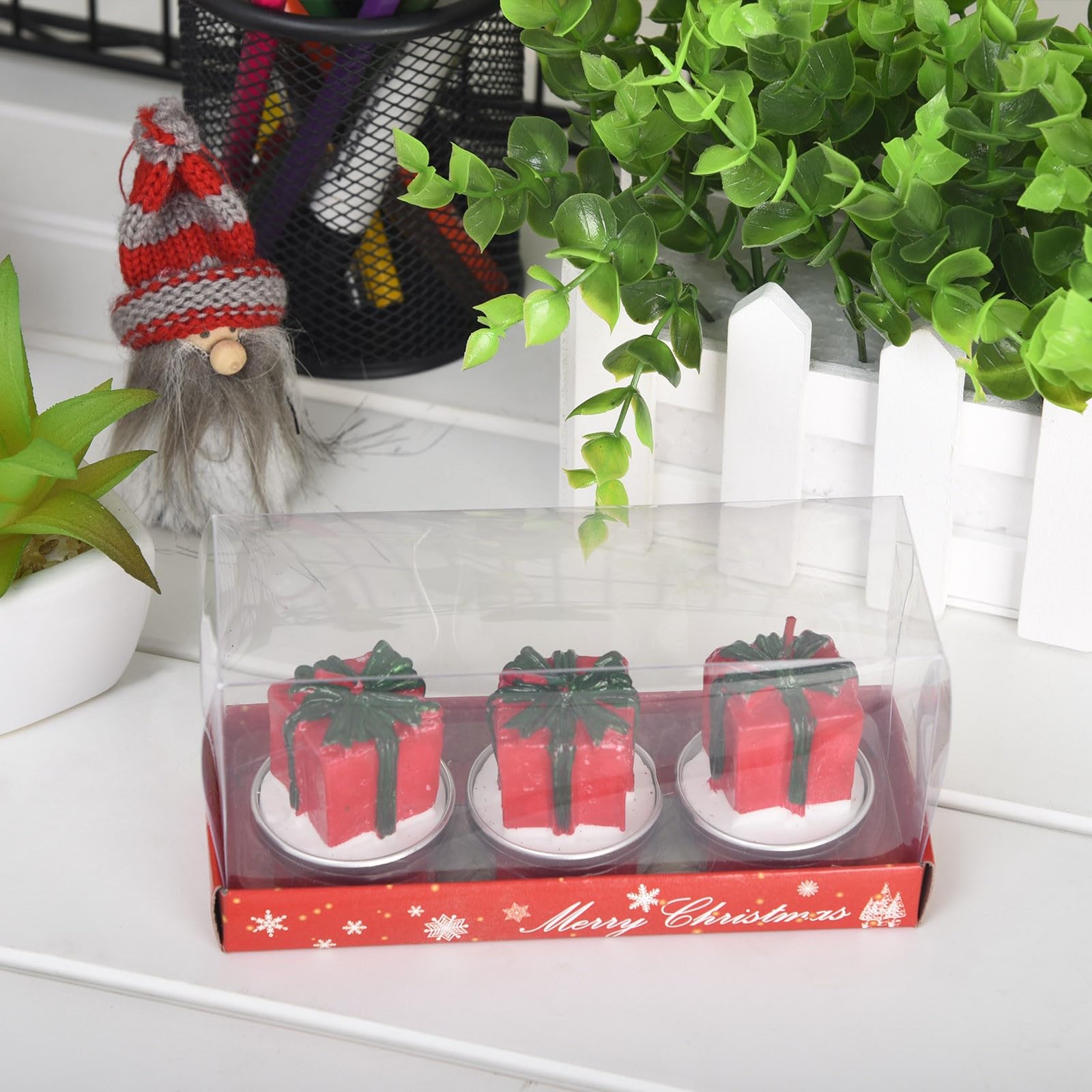 Mini Christmas Candles, Unscented Tea Light Candles with Candlesticks, Santa Claus, Snowman, Pine Cones, Christmas Tree, House Christmas Decor for Party Bedroom Table Decorations, 3pcs/Set (G)