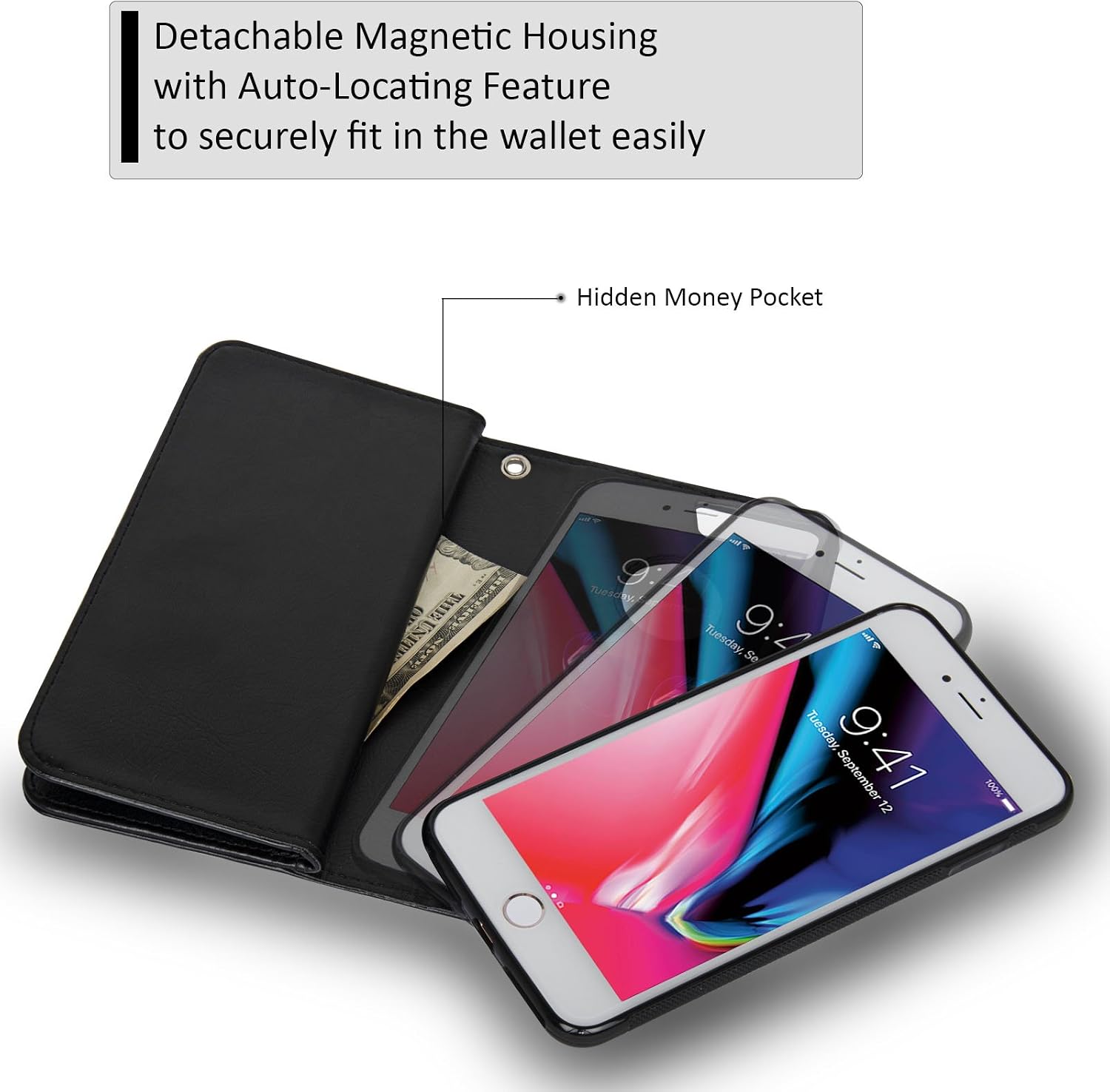 Black Friday - 70% OFF navor Magnetic Detachable Wallet Case and Universal car Mount [RFID Protection][10 Card Slots] [3 Money Pocket] Compatible for iPhone 8 Plus -5.5 Inch [JOOT-3L]- Black (IP8P3LBK)