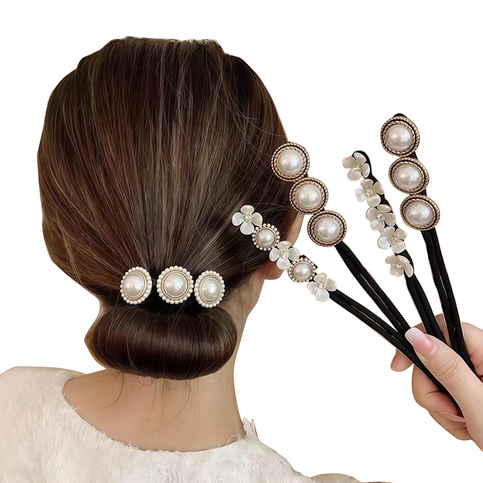 QUUPY 4Pcs Flower Pearl Hair Bun Maker, Hair Twist Curler, Buns Shaper, DIY Hair Styling Accessories for Women Girls
