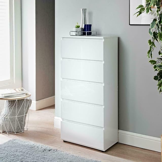 spot on dealz® White Chest of Drawers Bedroom 5 Drawer Modern Slim Side Storage Display Cabinets Bedside table Nightstand large Cabinet furniture