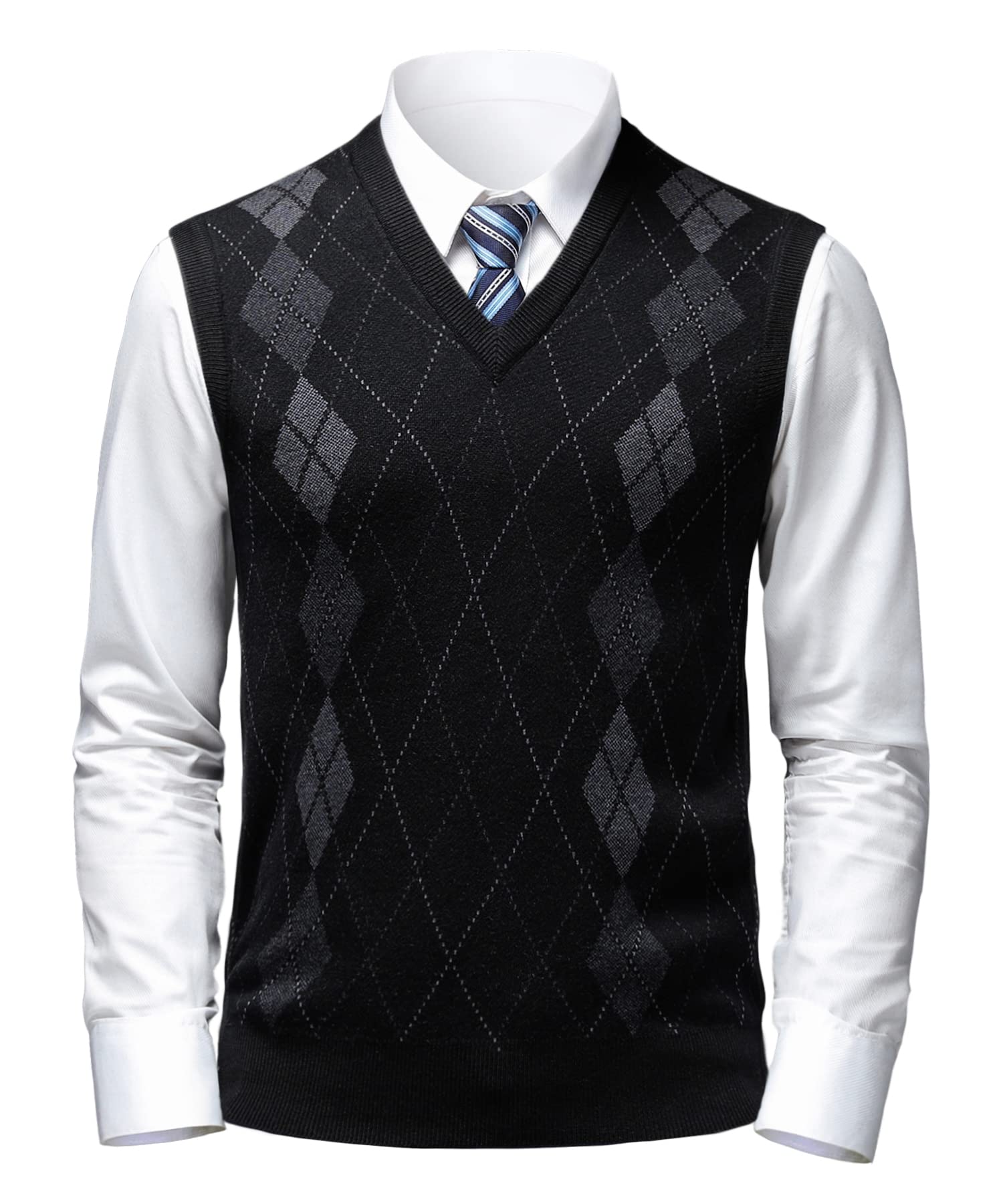 Homme Argyle Gilet en Laine Col en V Classique Cardigan sans Manches Losanges Pull Tricoté Débardeurs pour Automne Hiver