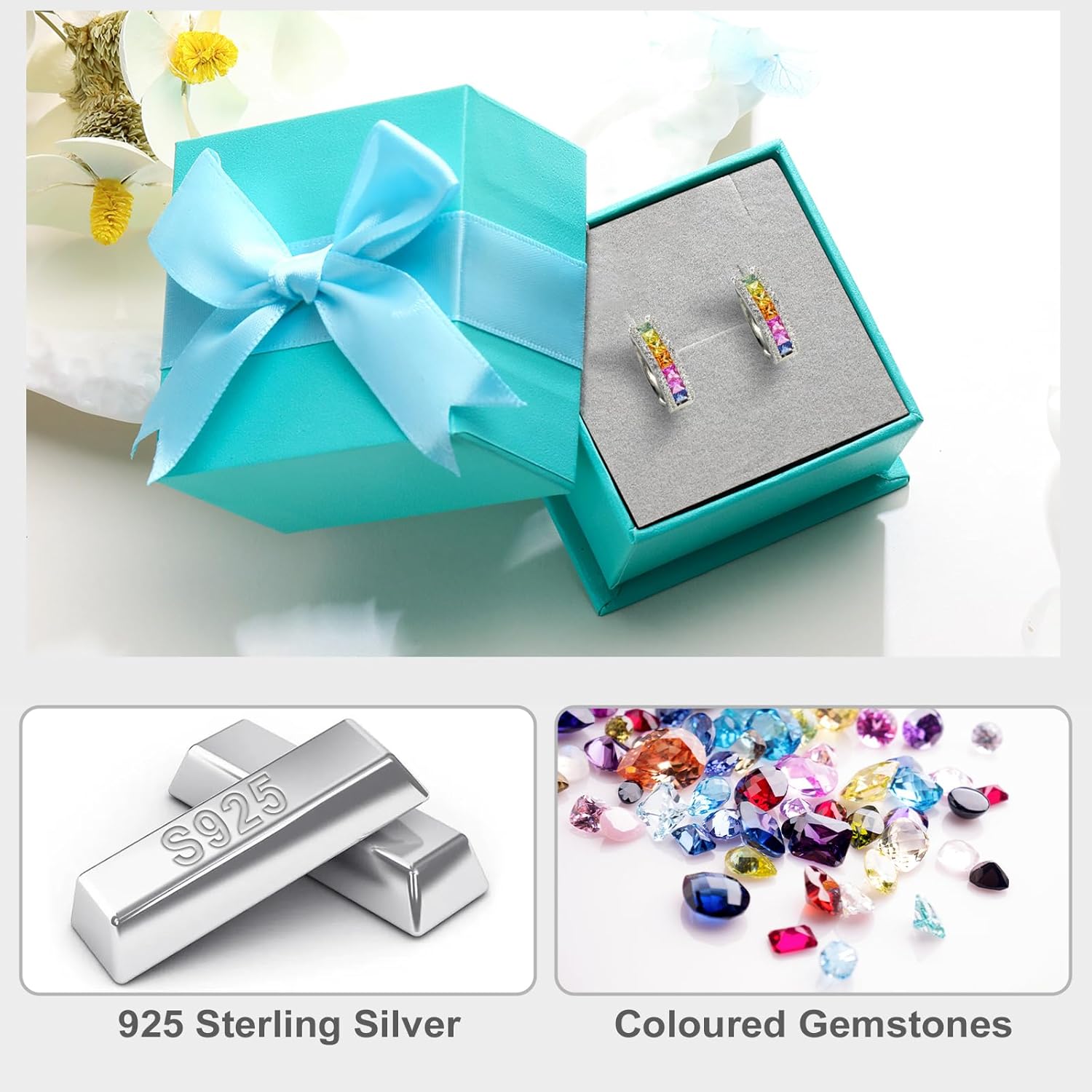 925 Sterling Silver Small Hoop Earrings for Women Colorful Created Gemstone Cubic Zirconia Chunky Huggie Hoop Earrings