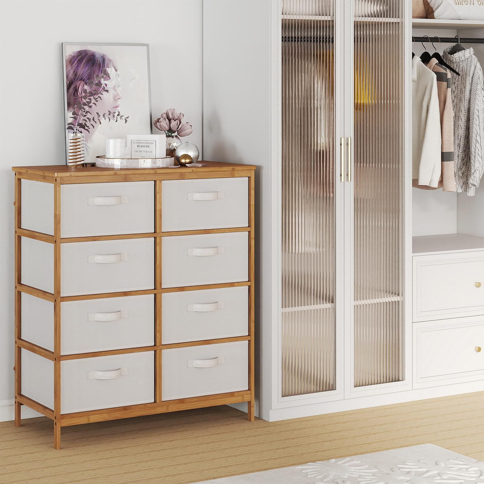 COSTWAY Komoda z 8 zdejmowanymi szufladami materiałowymi i ramą bambusową, szafa z szufladami, szafa do przechowywania, szafka do salonu i korytarza, 80 x 40 x 94 cm
