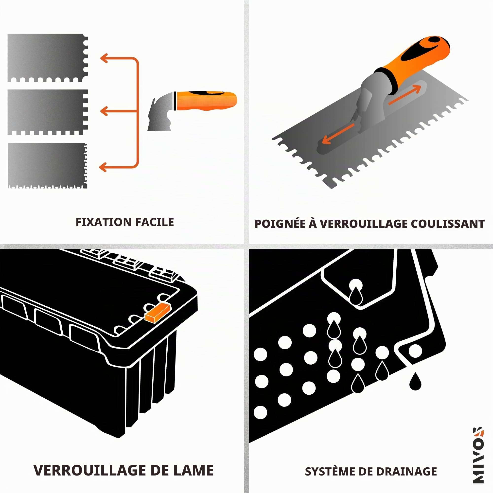 MIVOS Jeu de Truelles avec poignée amovible et boîte de transport - 6, 8, 10, 12mm, Type U, type Tiger - 6 Truelles dentées - Truelle inox avec poignée soft - Truelles à carrelage