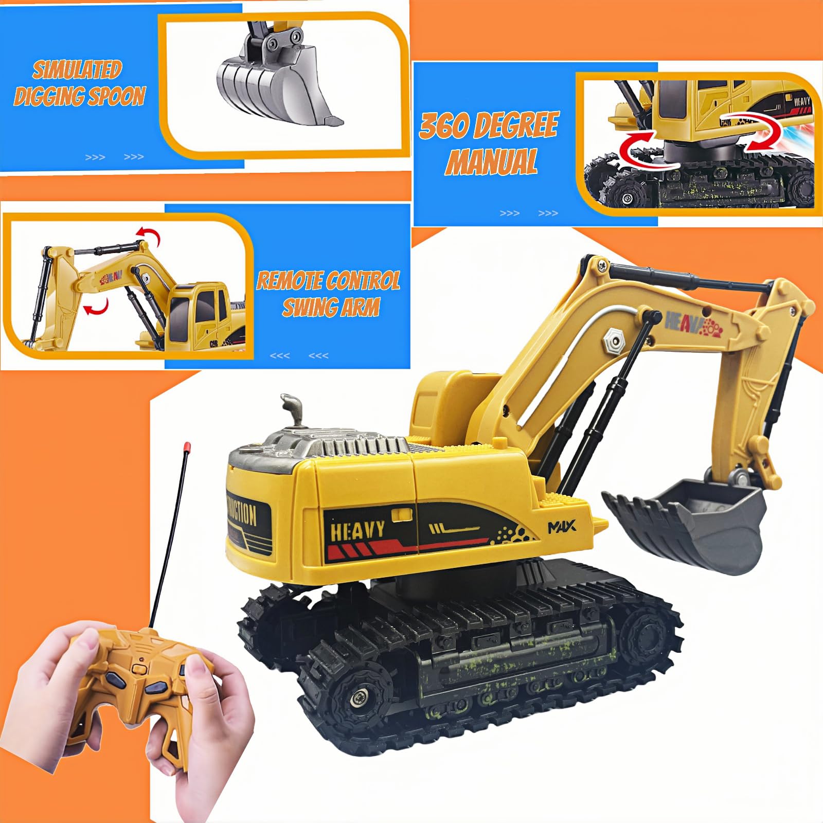 1:24 Scala 6 Canali Escavatore Telecomandato per Bambini, Escavatori Radiocomandato,Escavatore Idraulico per Ragazzi con luci,demo a un tocco, Sand Digger Regali per Bambini dai 4-7 Anni.