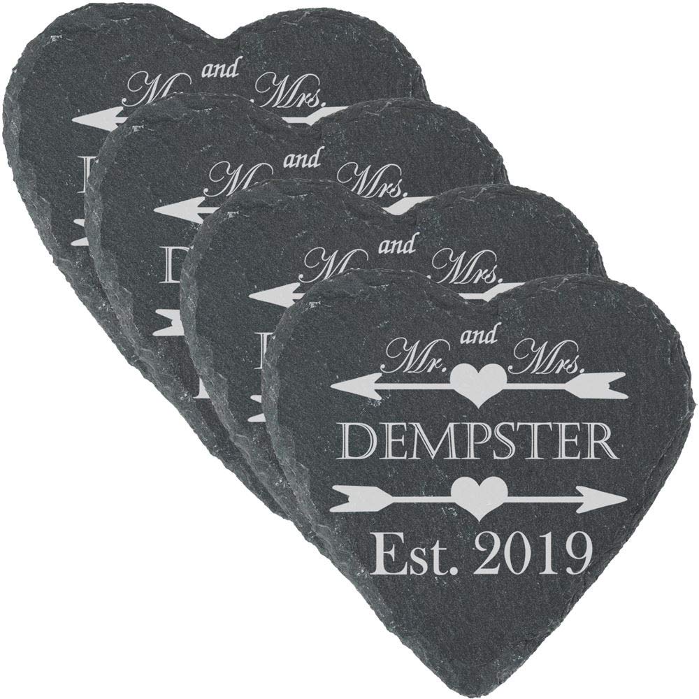 All Things Personalised Set Of 4 Personalised Engraved Heart Slate Wedding Coaster Mr&Mrs With Hearts And Arrows