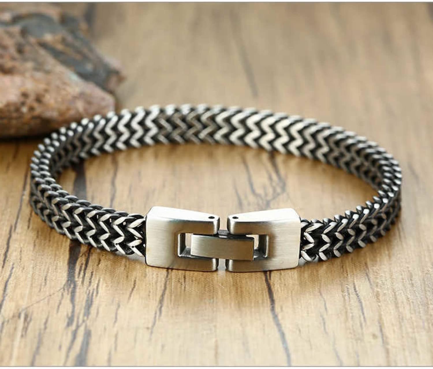 Men’s Stainless Steel Double Franco Chain Bracelet, Vintage Punk Cubic Chain, Retro Link Chain Bracelets for Men Double Overlap Interlocked Curb Chain, Strong Lock Clasp (Vintage, 6.5mm)