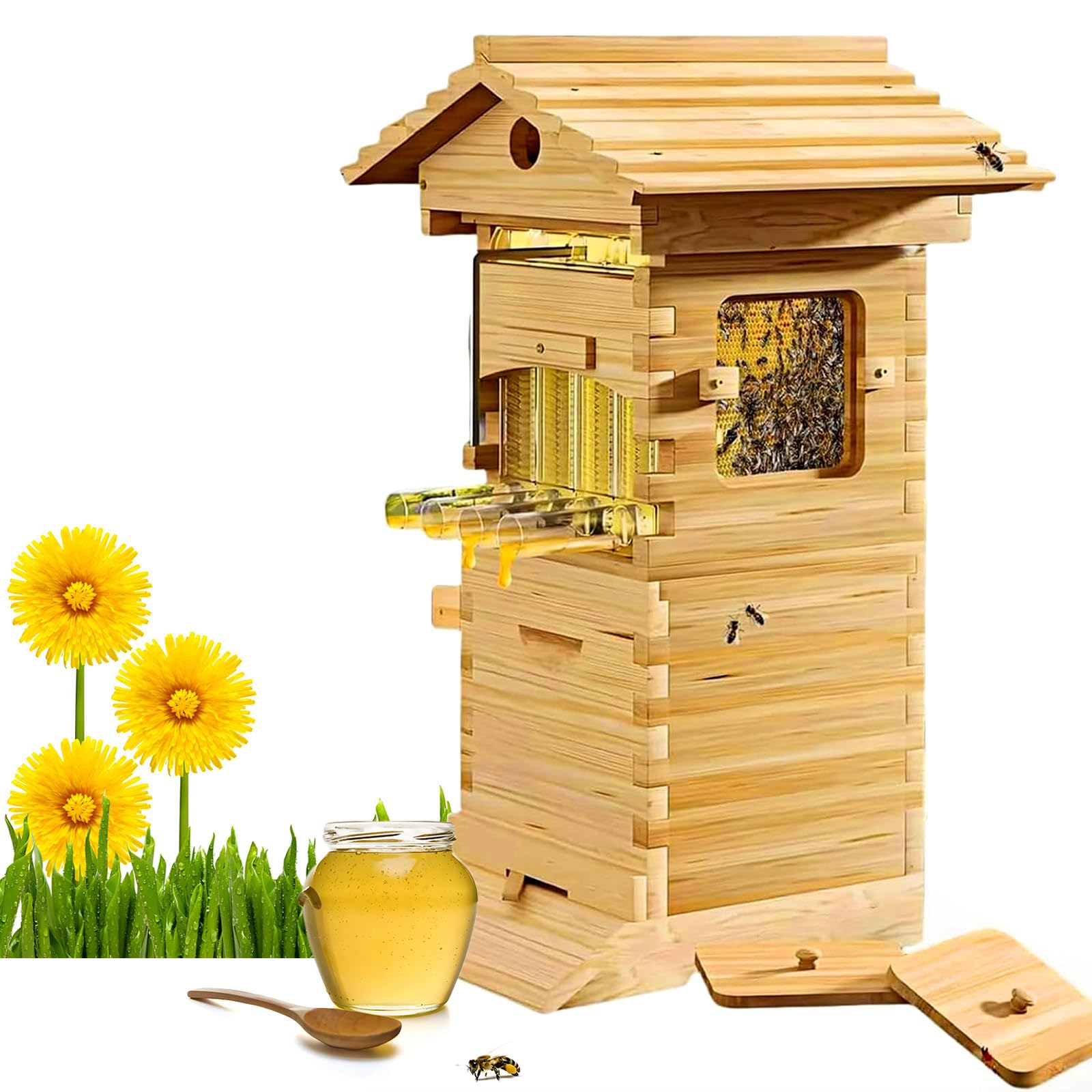 Flow Hive, Kit di Arnia, Arnia in Legno per Api con 4 Telai e 6 Vassoi per Favo, Arnia con Rubinetto Automatico per Miele per Apicoltori Principianti ed Esperti, Facile da Montare