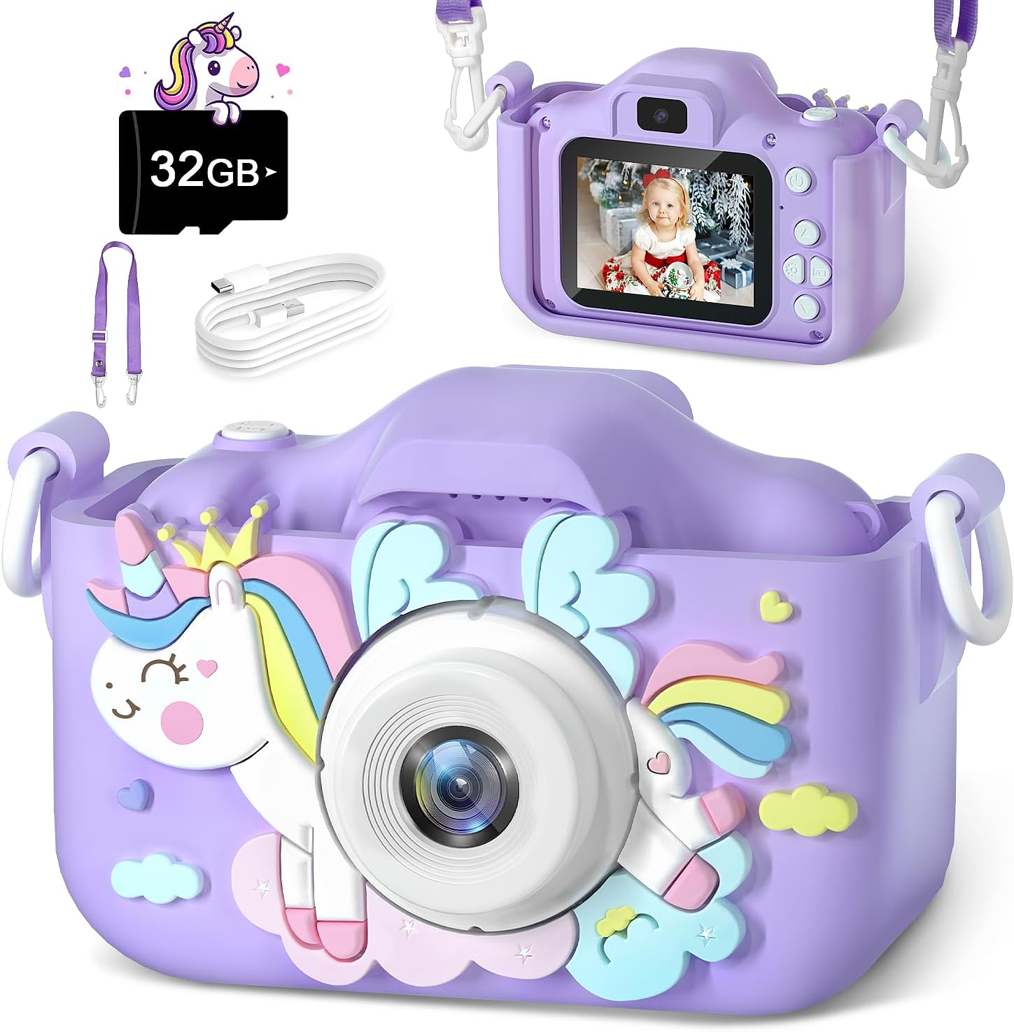 AneskyKids Camera, Toy Gifts for Girls Boys Aged 3 4 5 6 7 8 9 10 11 12 Year Old, Toddler Camera with Video, Best Christmas Birthday Festival Gifts for Kids Digital Camera with 32GB Card - Purple