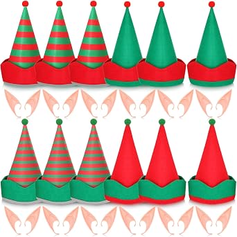 24 Pcs Christmas Elf Felt Hat and Elf Ears Halloween Christmas Costume Accessories Adult Fake Ears Fairy Tale Party