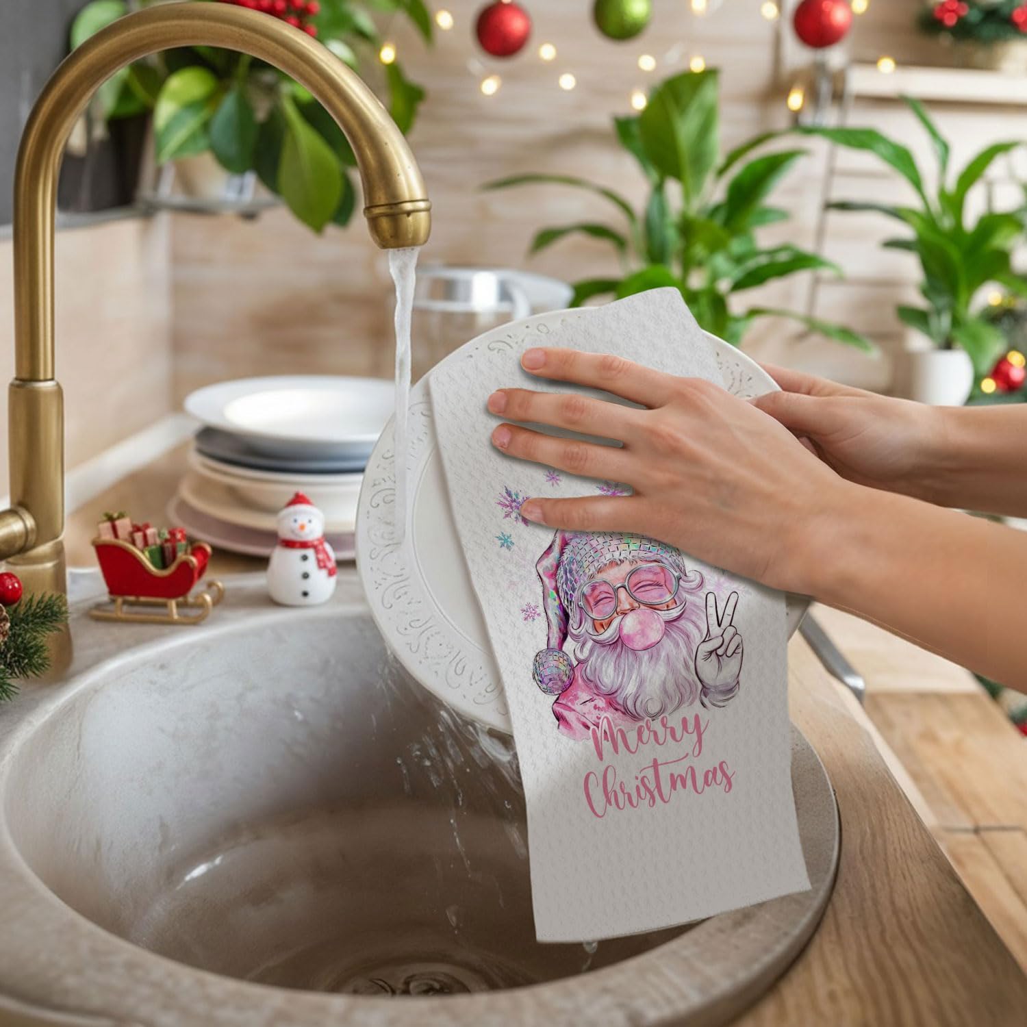 Pink Santa Merry Christmas Kitchen Towels, Winter Christmas Dish Towels Drying Cloth for Kitchen, Holiday Xmas Funny Santa Claus Decorative Hand Towel for Bathroom, 16x24 Inch - Image 2