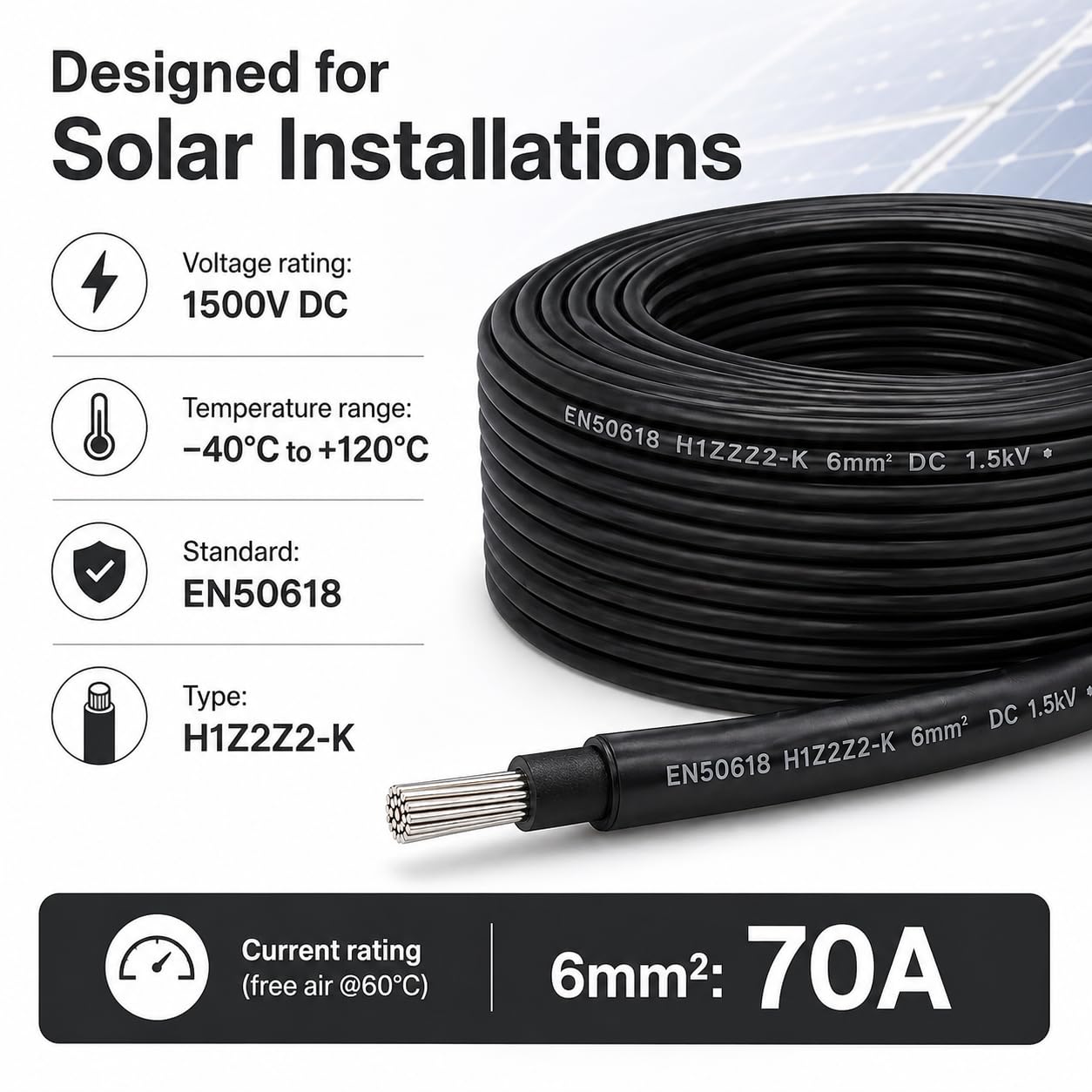 Câble solaire PV 6 mm EN50618 H1Z2Z2-K 1500 V DC Câble photovoltaïque en cuivre étamé double isolation pour installation de panneau solaire - Rouge, 100 mètres