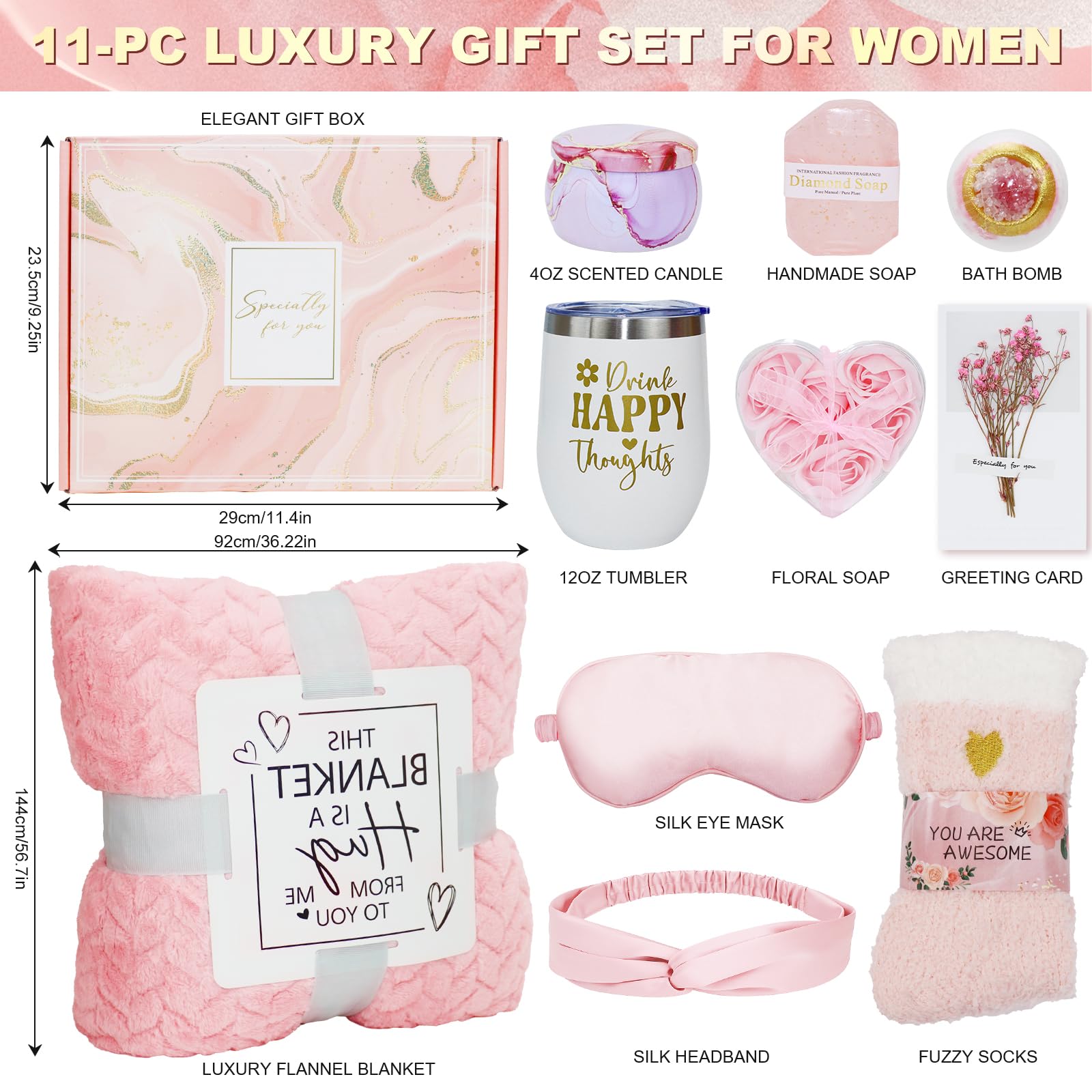 Wellness Geschenke für Frauen - Spa Erholung und Entspannung Set mit Decke, Geburtstag, Muttertag, für Ehefrau, Mutter, Schwester, Freundin, Rosa