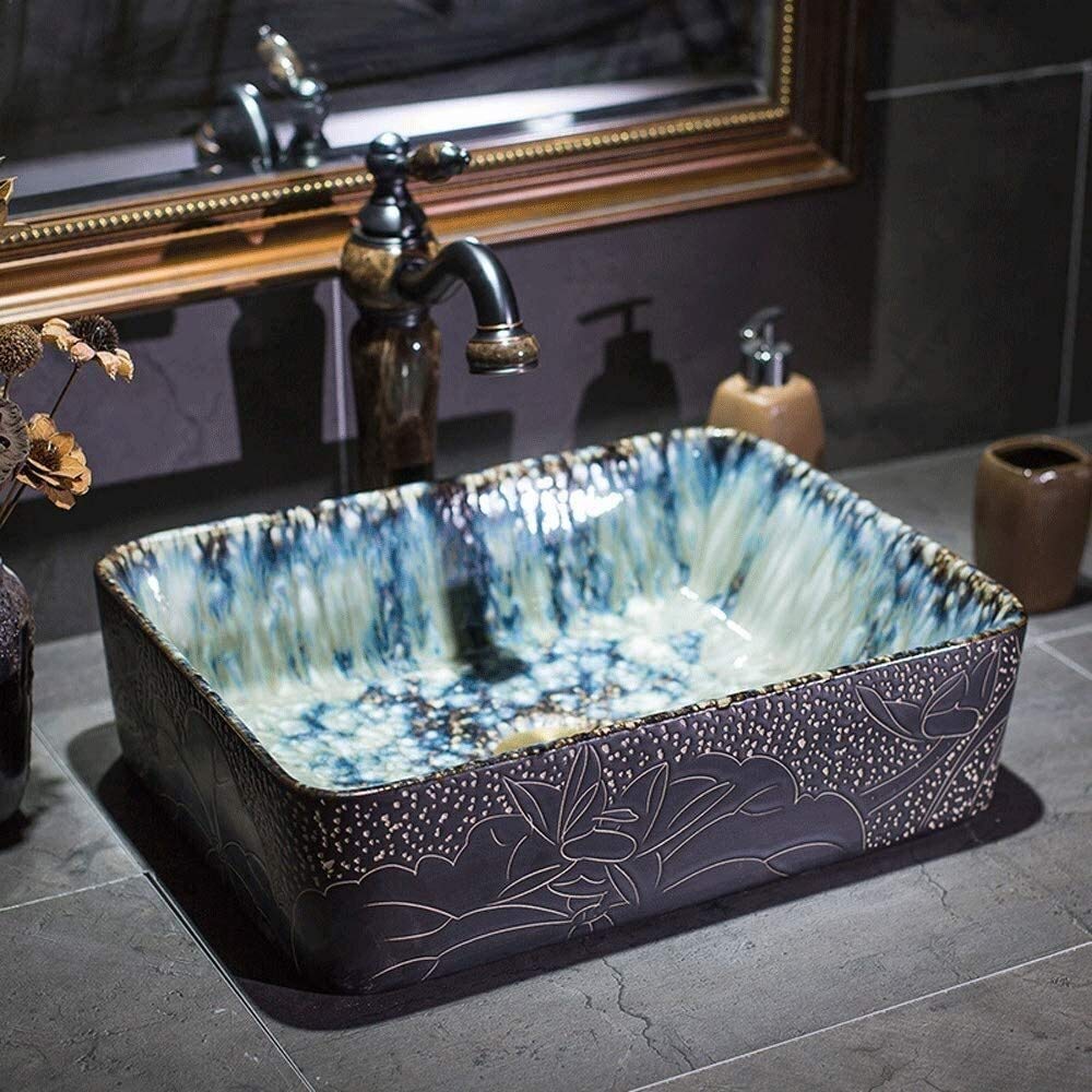 Szafka Pod Umywalkę Z Umywalką, Umywalka Nablatowa, Prostokątna Ceramiczna Umywalka Nablatowa Łazienkowa 17-Calowa Artystyczna Porcelanowa Miska Nablatowa