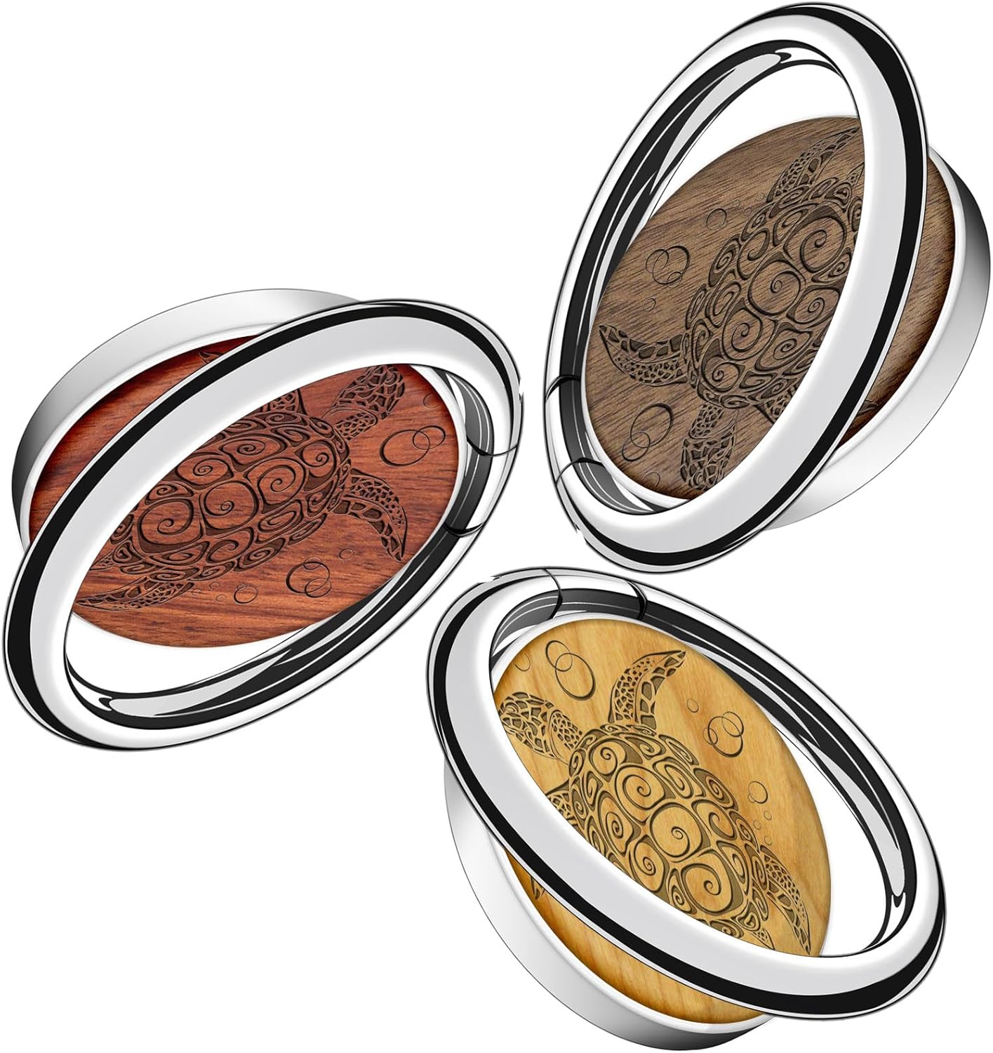 Carveit Wooden Phone Ring Holder Finger Stand Metal Grip Hook Phone Kickstand Compatible with S24 Ultra S23 iPhone 16 Pro Max 13 14 15 Pixel 9-Redwood+Walnut+Cherry/Silver/Sea Turtle [3 Pack]