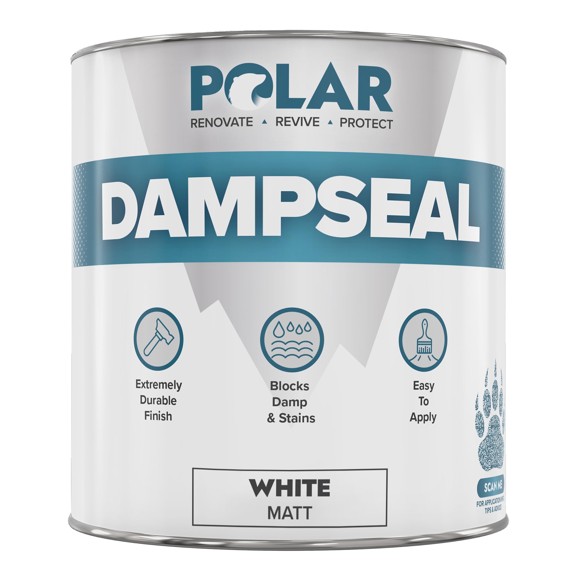 Polar Damp Seal Paint - Primer & Topcoat for Indoor Walls & Ceilings - Mould Resistant Stain Blocker Paint- Quick Drying for Wood, Plaster, Cement and Stone - Matt Finish - White - 500ml