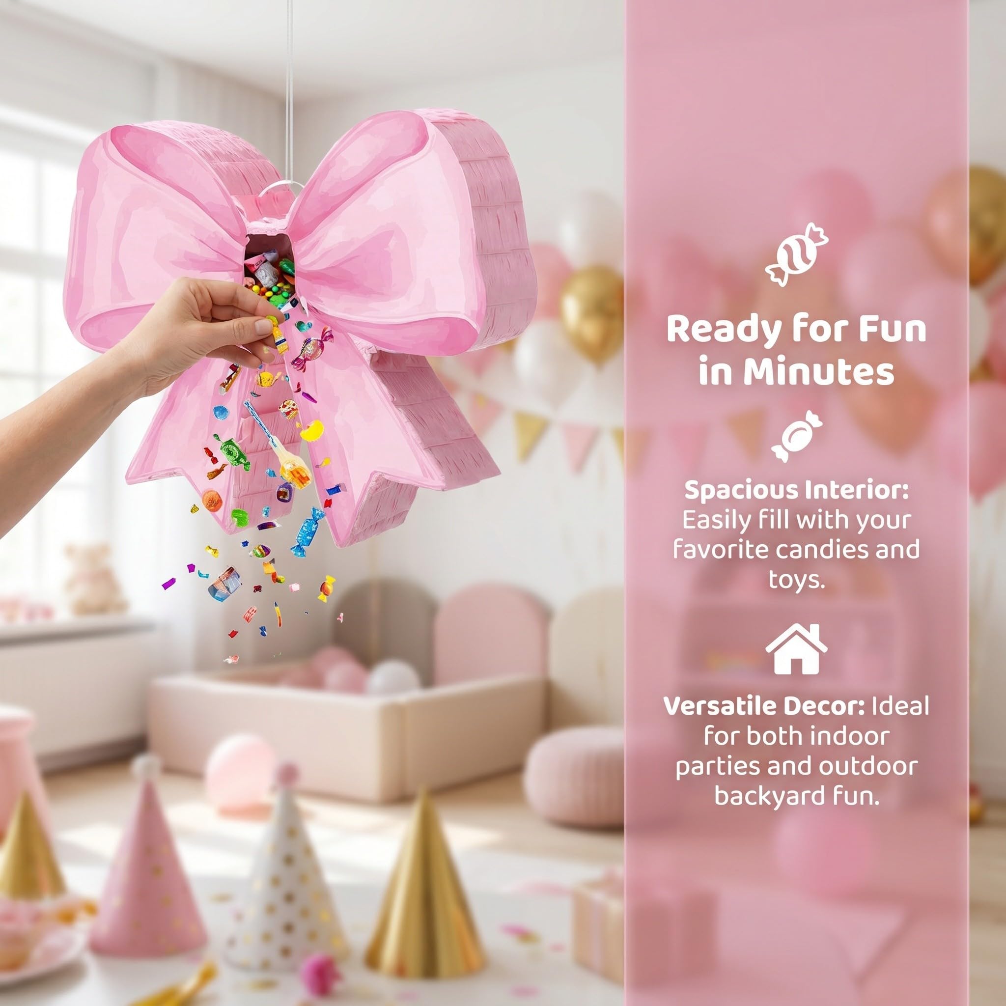 Operitacx Piñata rosa con lazo para niña, el set de piñata rosa con lazo incluye un palo, una máscara para los ojos y confeti, lindas decoraciones para fiestas de cumpleaños, artículos para fiestas