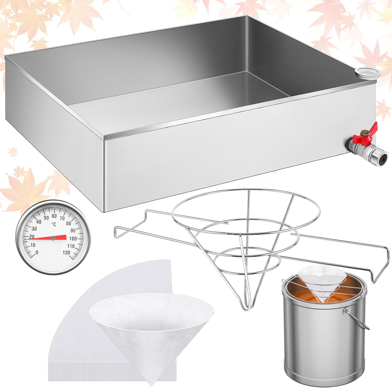 Maple Syrup Evaporator Pan 30 x 16 x 6 Inch with 10” Fryer Filter Stand 10 Pcs Fryer Oil Filter a Thermometer Stainless Steel Maple Syrup Pan for Boiling Syrup for Home Outdoor