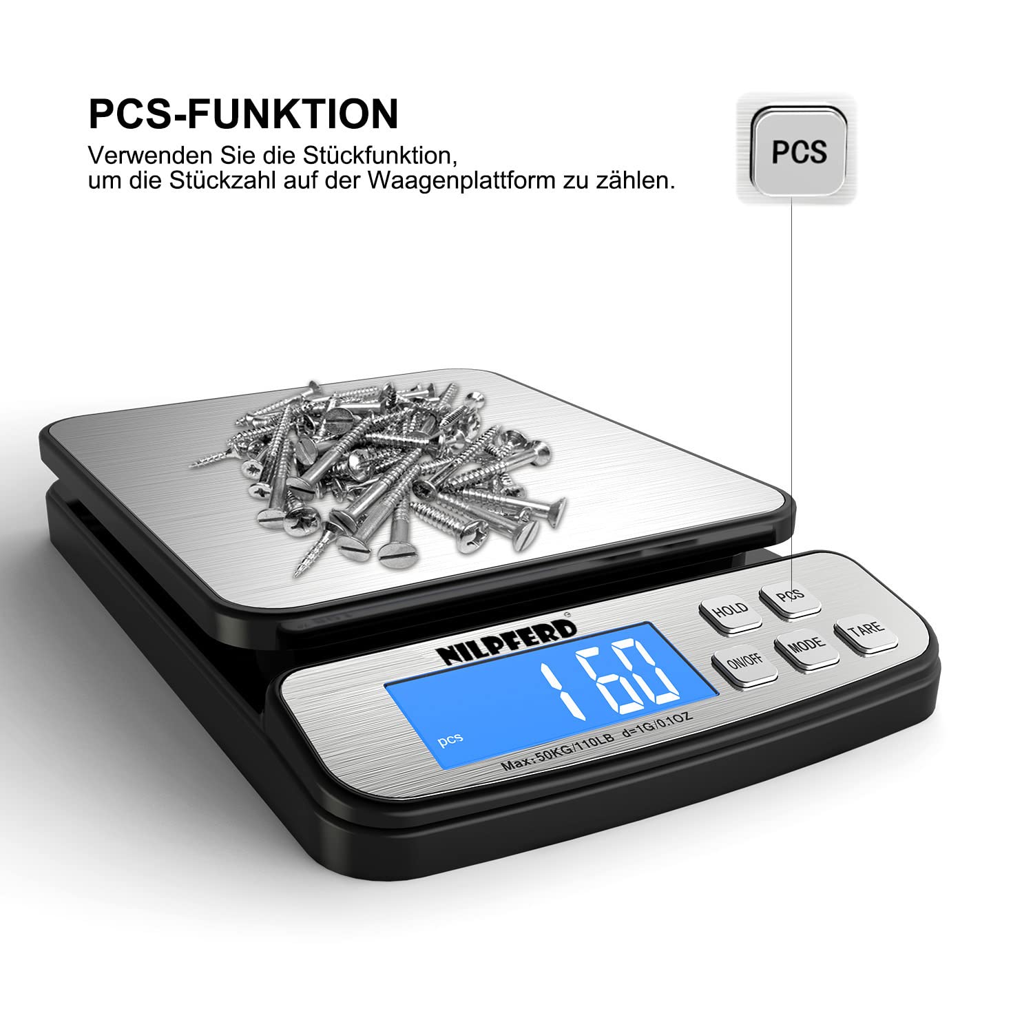 Nilpferd Bilancia digitale per pacchi fino a 50 kg, bilancia postale, bilancia da lettere, bilancia per tutti gli scopi (casa, ufficio, precisione grammatica, batterie incluse (argento)