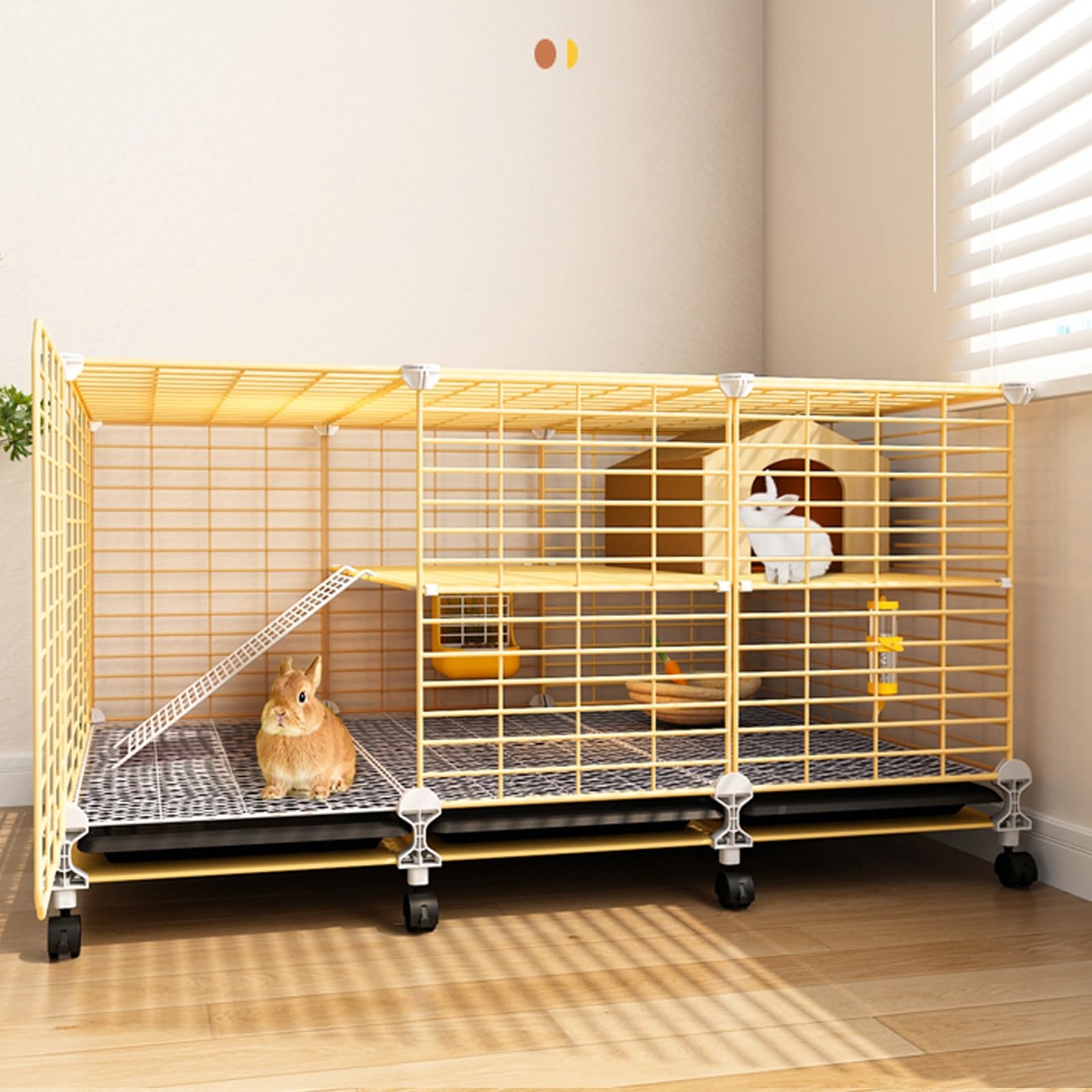 Jaula de 2 Niveles para Conejos, Conejera Interior con Ruedas Universales de 360° y Bandejas Deslizantes para Conejos y Hurones