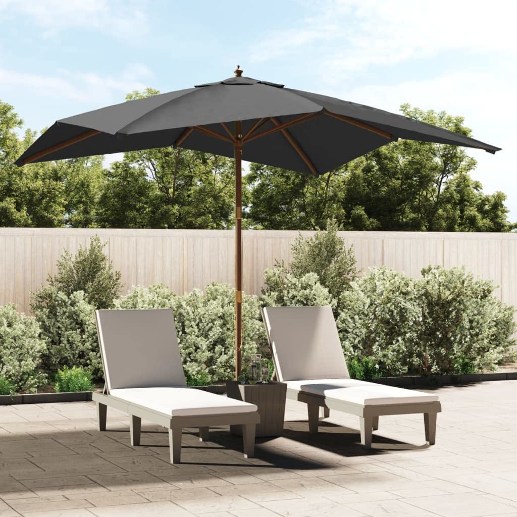 Parasol anthracite contre la chaleur avec mât en bois pour grand balcon