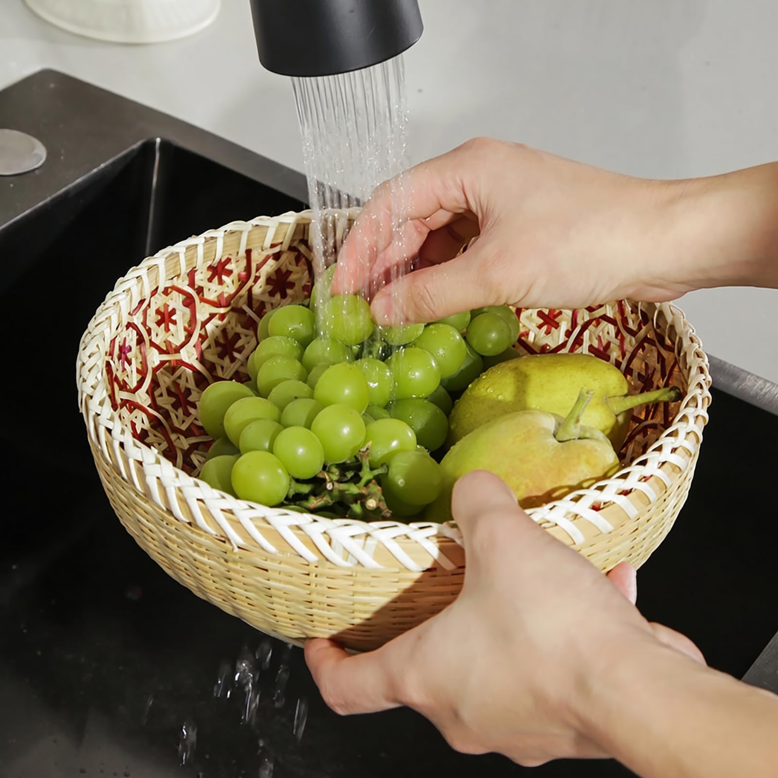 Elsjoy Set di 3 cestini in vimini intrecciati, in bambù, per il pane rotondo, in rattan, decorazione per frutta, verdura, patate, impilabili 24,4 cm/20,3 cm/17,8 cm