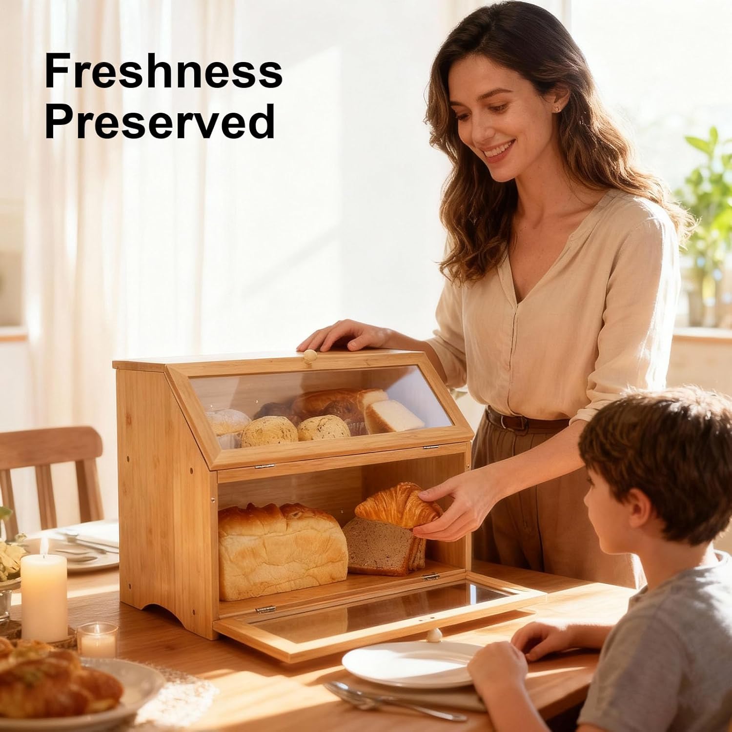 パンボックス 引き出し付き1段 パン箱 大容量キッチンカウンタートップオーガナイザー アクリル窓 最新 フリップトップ蓋 丈夫な木製構造 防湿 防塵  自宅 リビング カウンター カフェ パン収納 キッチン収納 紅茶 茶葉収納 焼き菓子 Amazon.co.jp: パンボックス キッチン ... 大型パン箱 | ヴィンテージ 二段 収納 オーガナイザー - キッチンカウンターパン収納ホルダー,パントリー ファームハウス キャビ