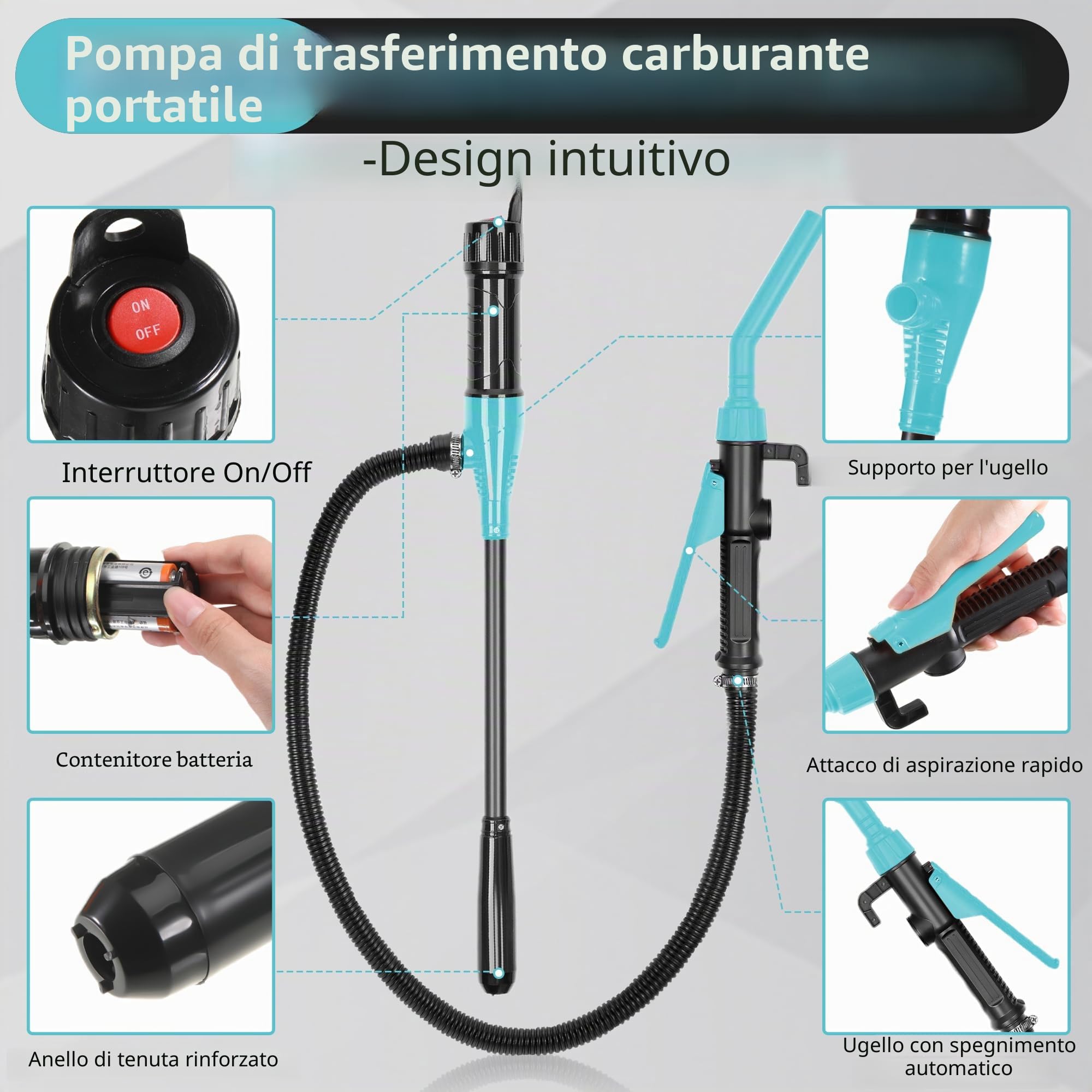 Pompa Elettrica a Batteria per Trasferimento Liquidi - Sifone Automatico per Benzina, Tanica - Blu