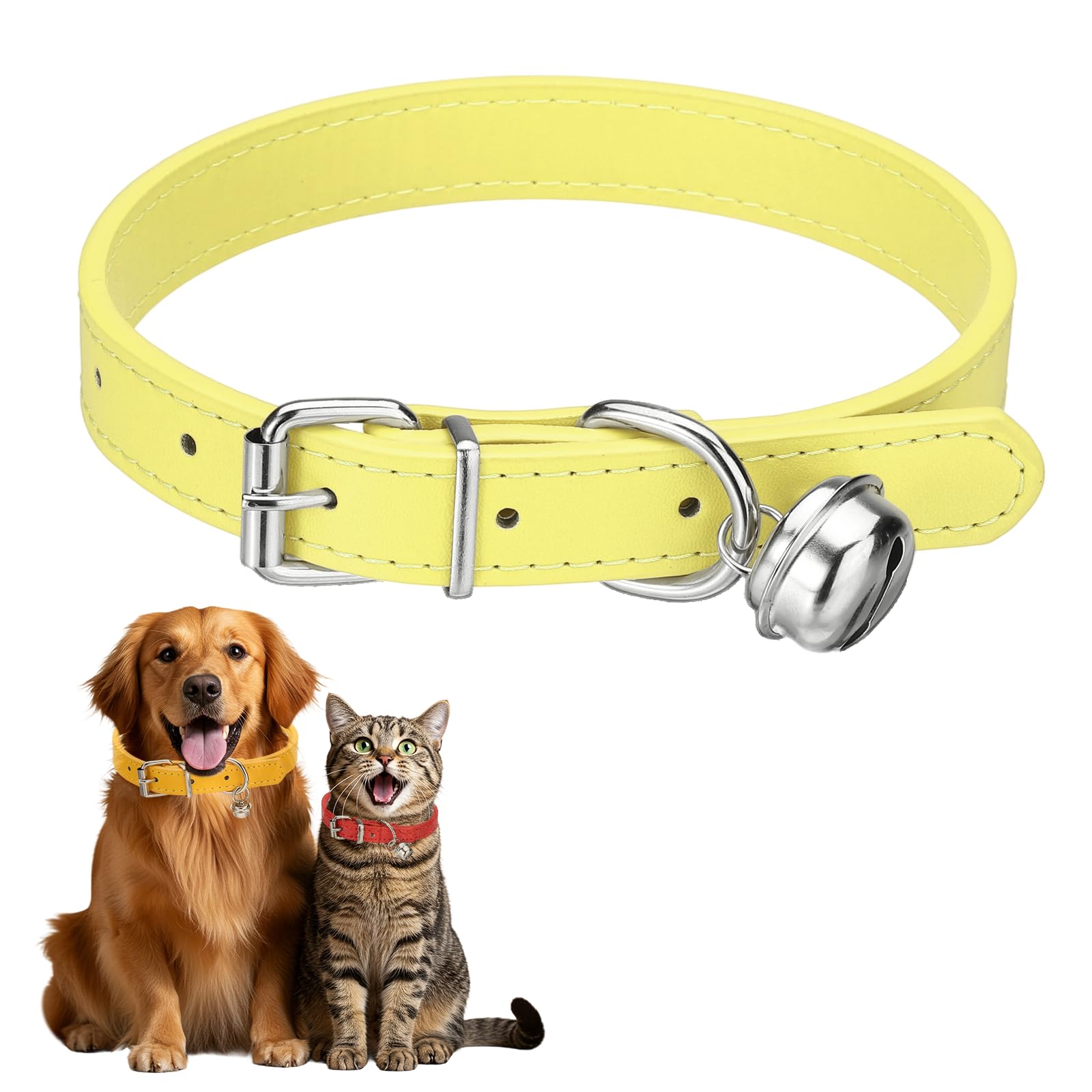 sourcing map Dog Collar with Bell, Pu Leather Cat Collars Pet Basic Soft Padded Adjustable Buckle, 20" (Yellow, 1 Pcs), Intended for Teacup/Little Dog/Kitten Cats/Small Animals