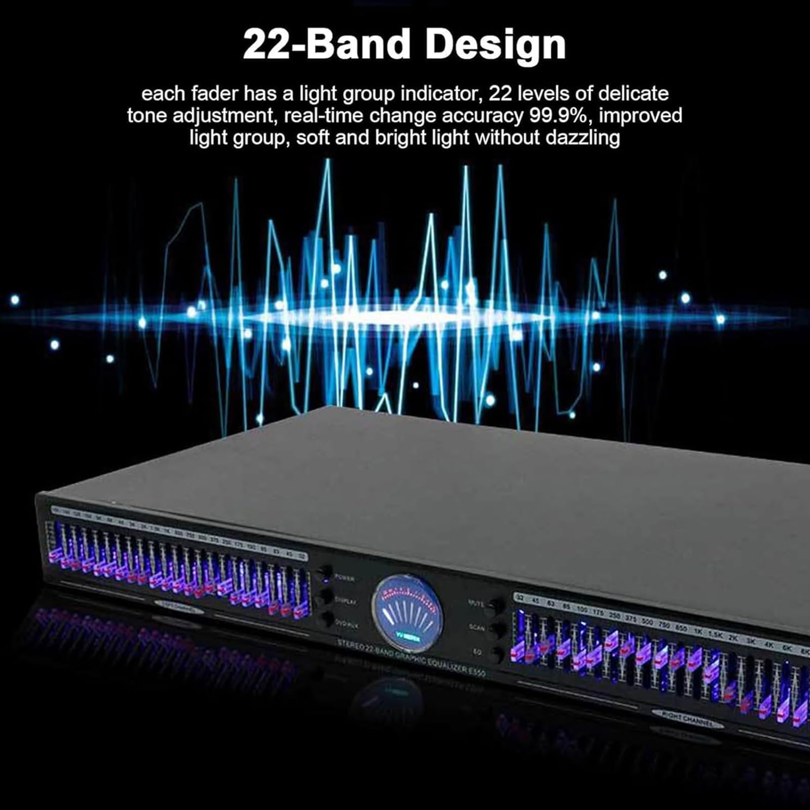 Ecualizador Digital De 22 Bandas, Ecualizador Gráfico De Doble Canal, con Montaje En Rack De 1U, 10 Efectos Preestablecidos, Ajuste Bajo/Medio/Alto, Reducción Automática De Ruido